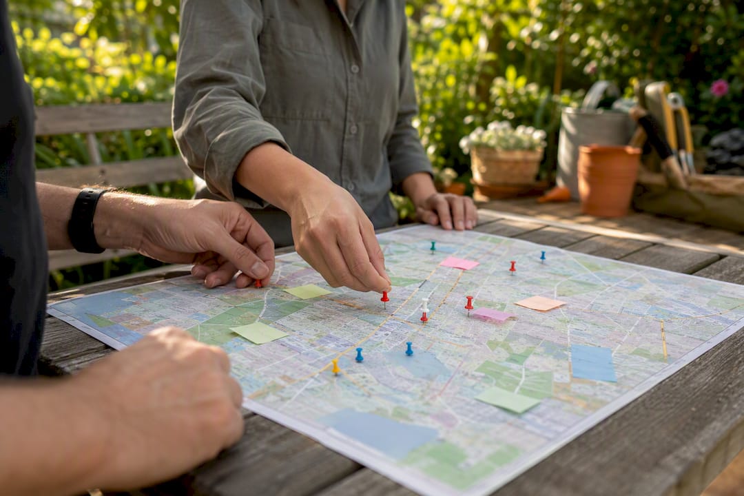 Hands placing pins on local SEO map