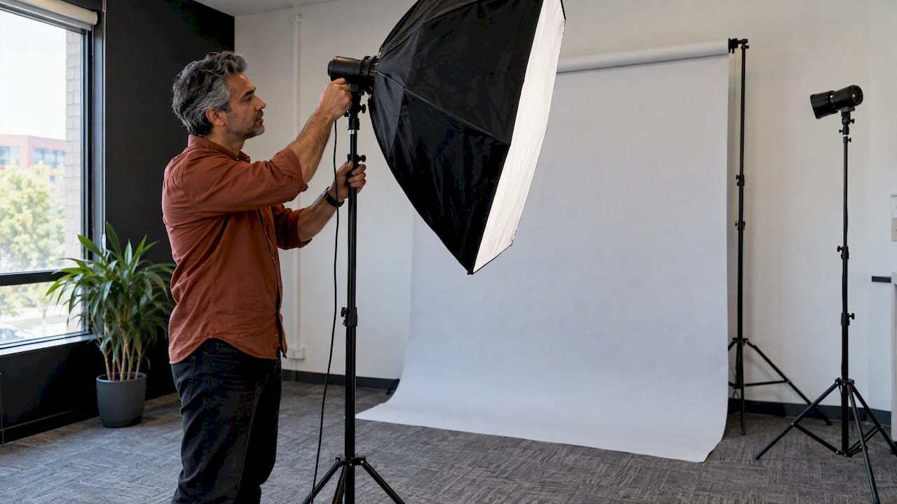 Photographer adjusting a softbox beside backdrop