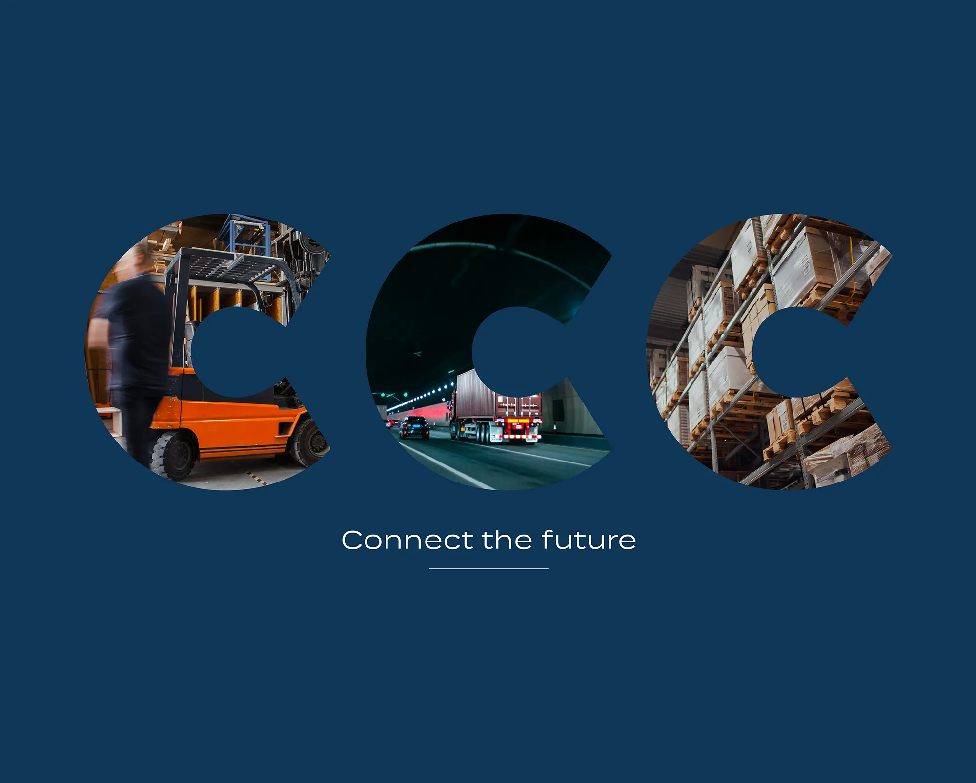 Connect Central Sydney Logistics Estate branding with CCC typography featuring warehouse, trucking, and logistics imagery.