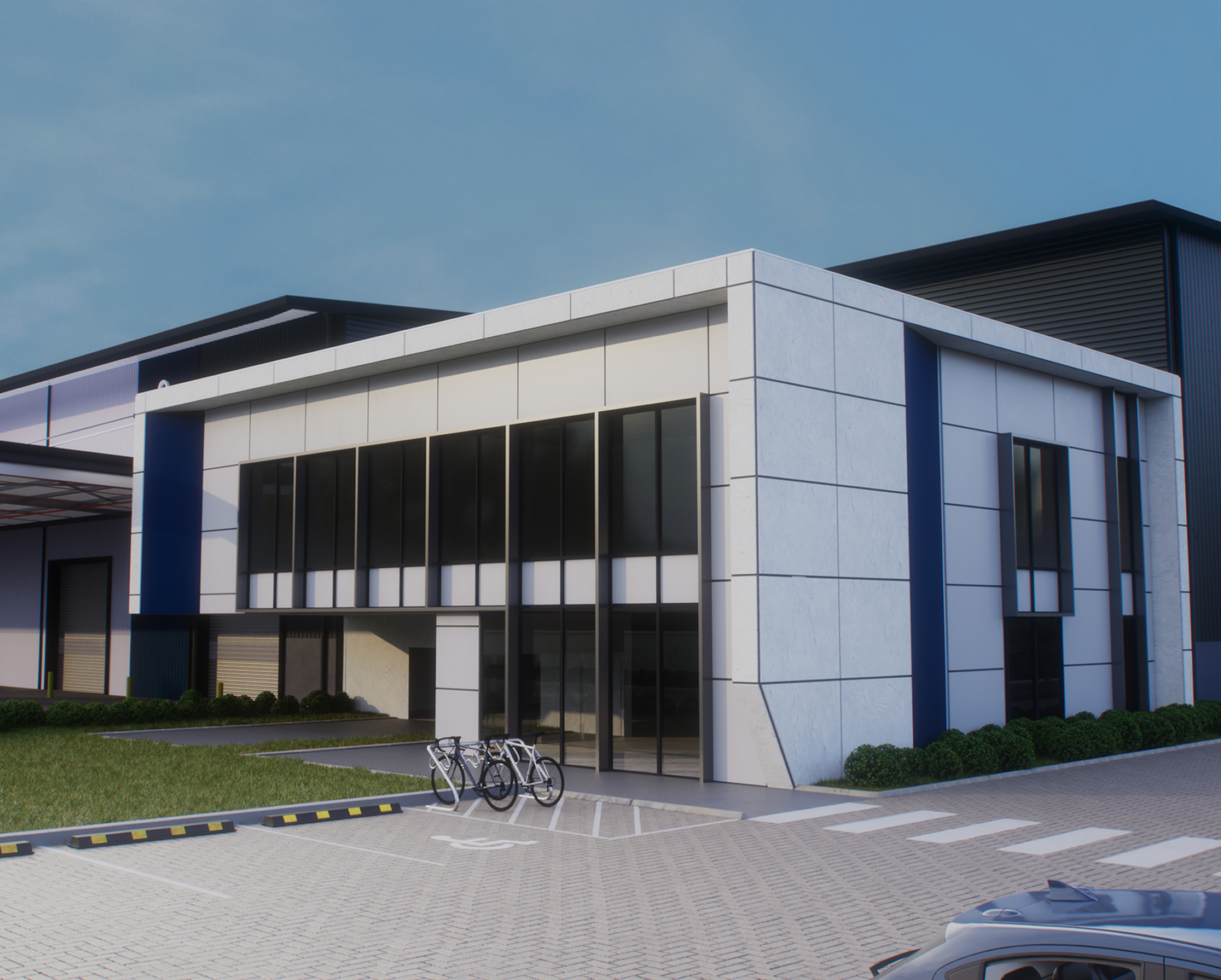 Architectural render of office and warehouse facility at Connect Central Sydney Logistics Estate, 2 Christina Road Villawood NSW.