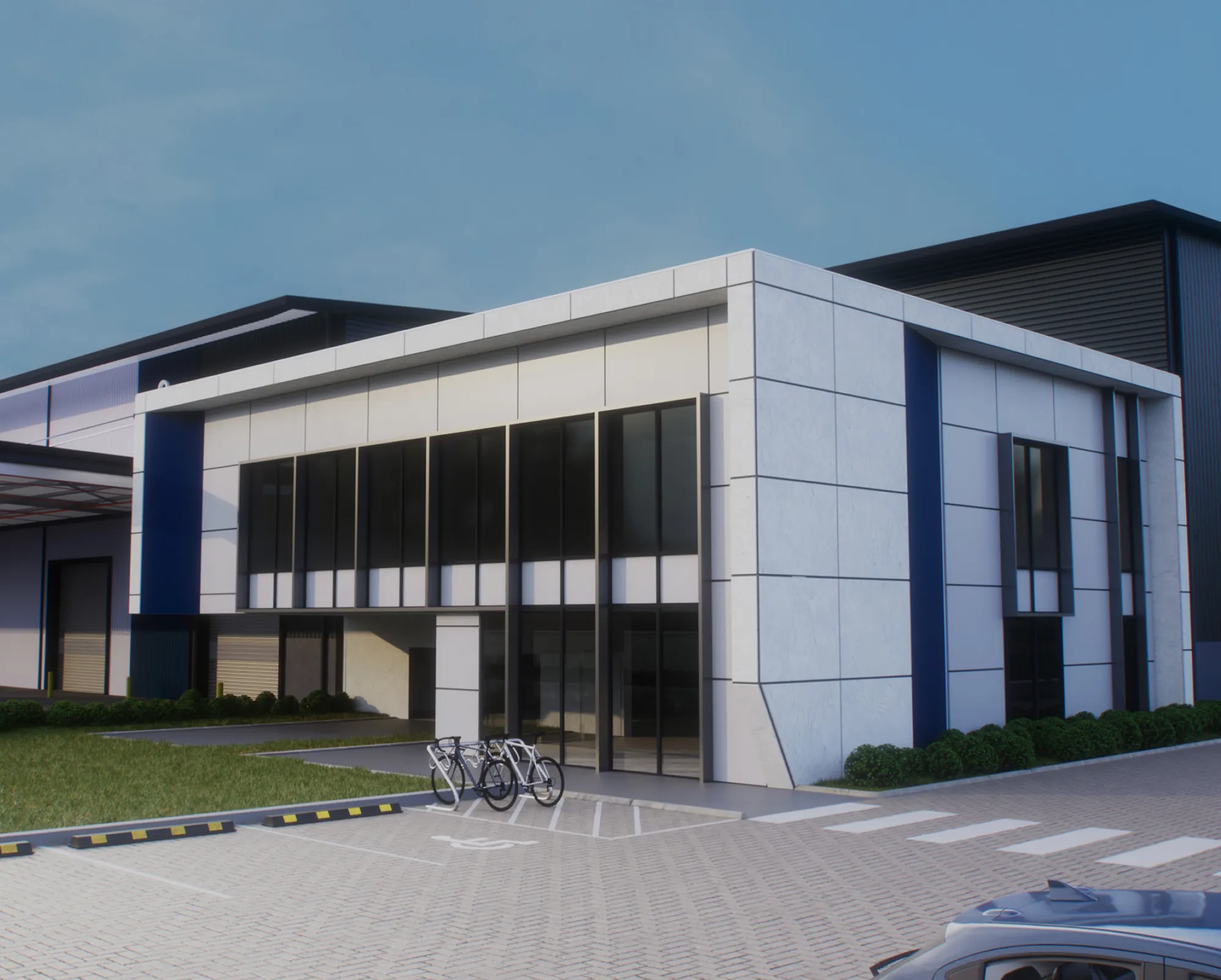 Architectural render of office and warehouse facility at Connect Central Sydney Logistics Estate, 2 Christina Road Villawood NSW.