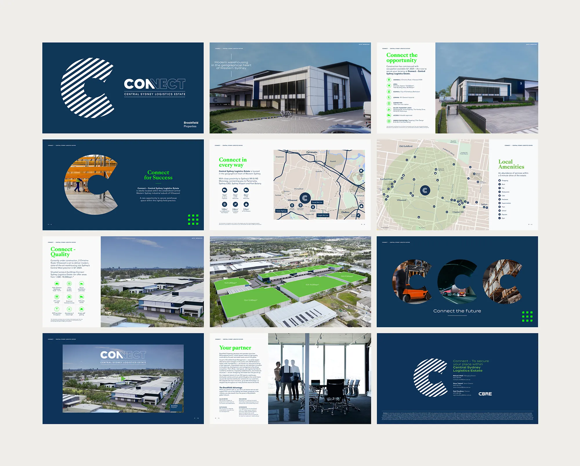 Marketing brochure for Connect Central Sydney Logistics Estate at 2 Christina Road Villawood NSW showcasing industrial warehouses, amenities, and site plans.