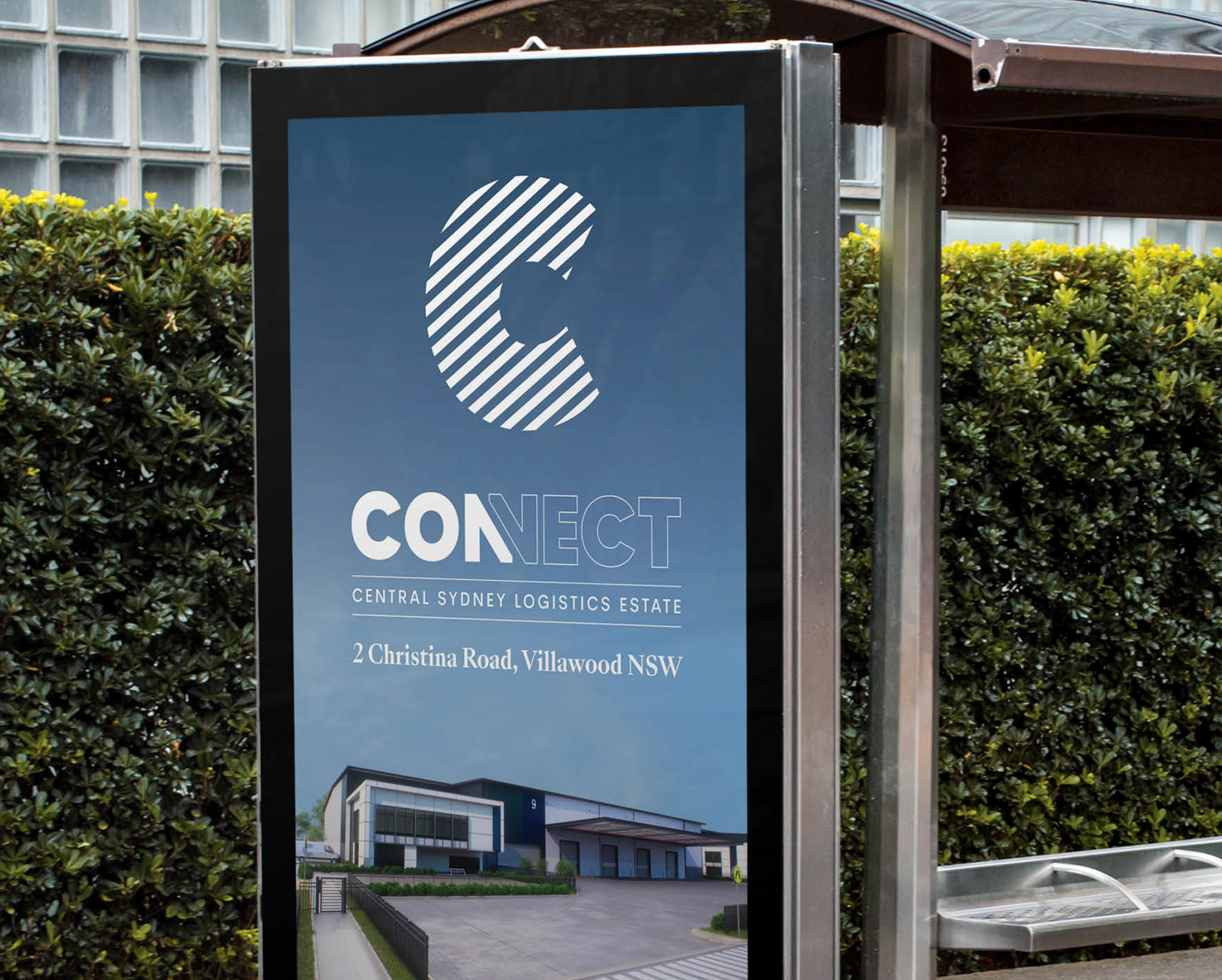 Billboard signage for Connect Central Sydney Logistics Estate at 2 Christina Road, Villawood NSW featuring modern industrial estate design.