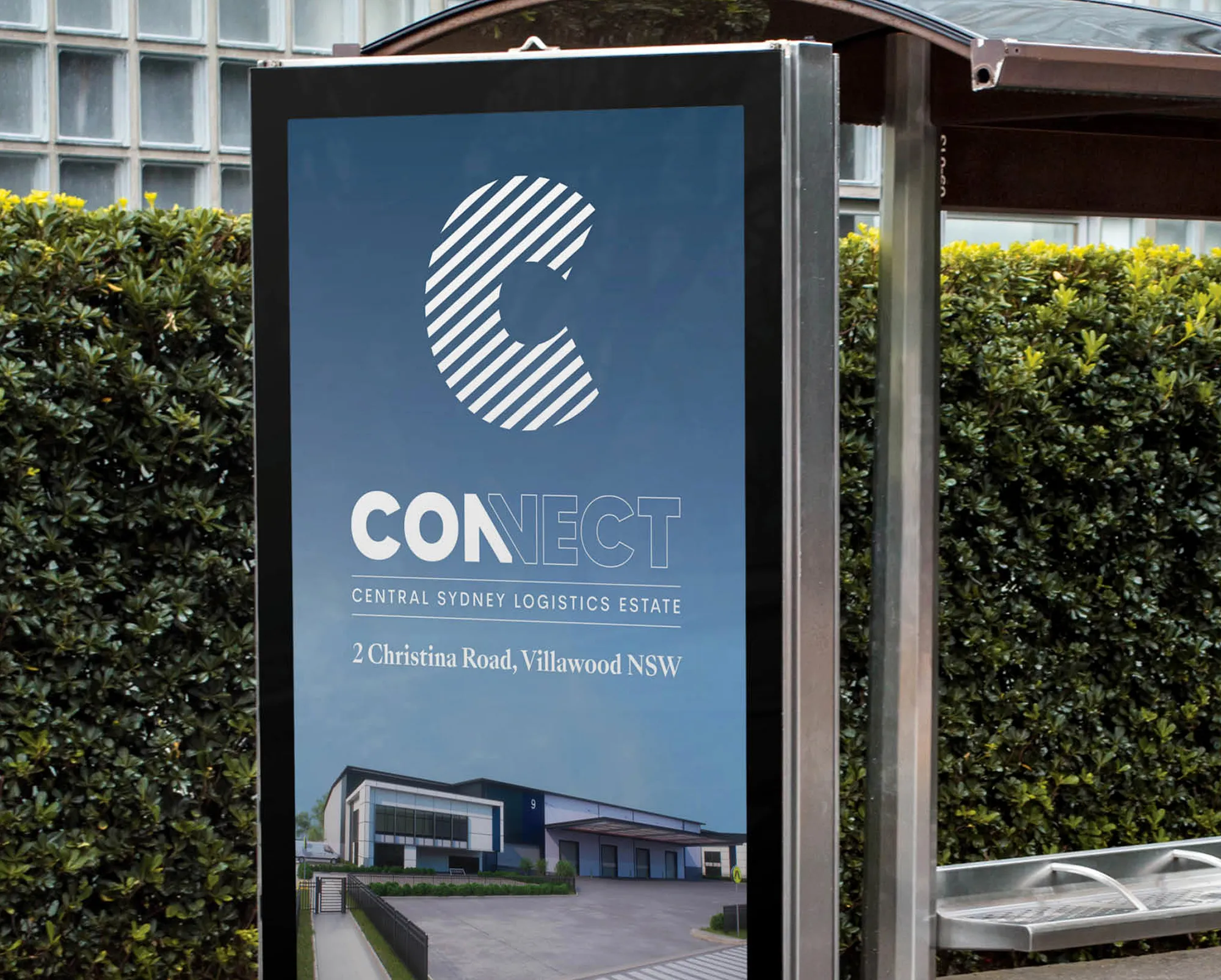 Billboard signage for Connect Central Sydney Logistics Estate at 2 Christina Road, Villawood NSW featuring modern industrial estate design.