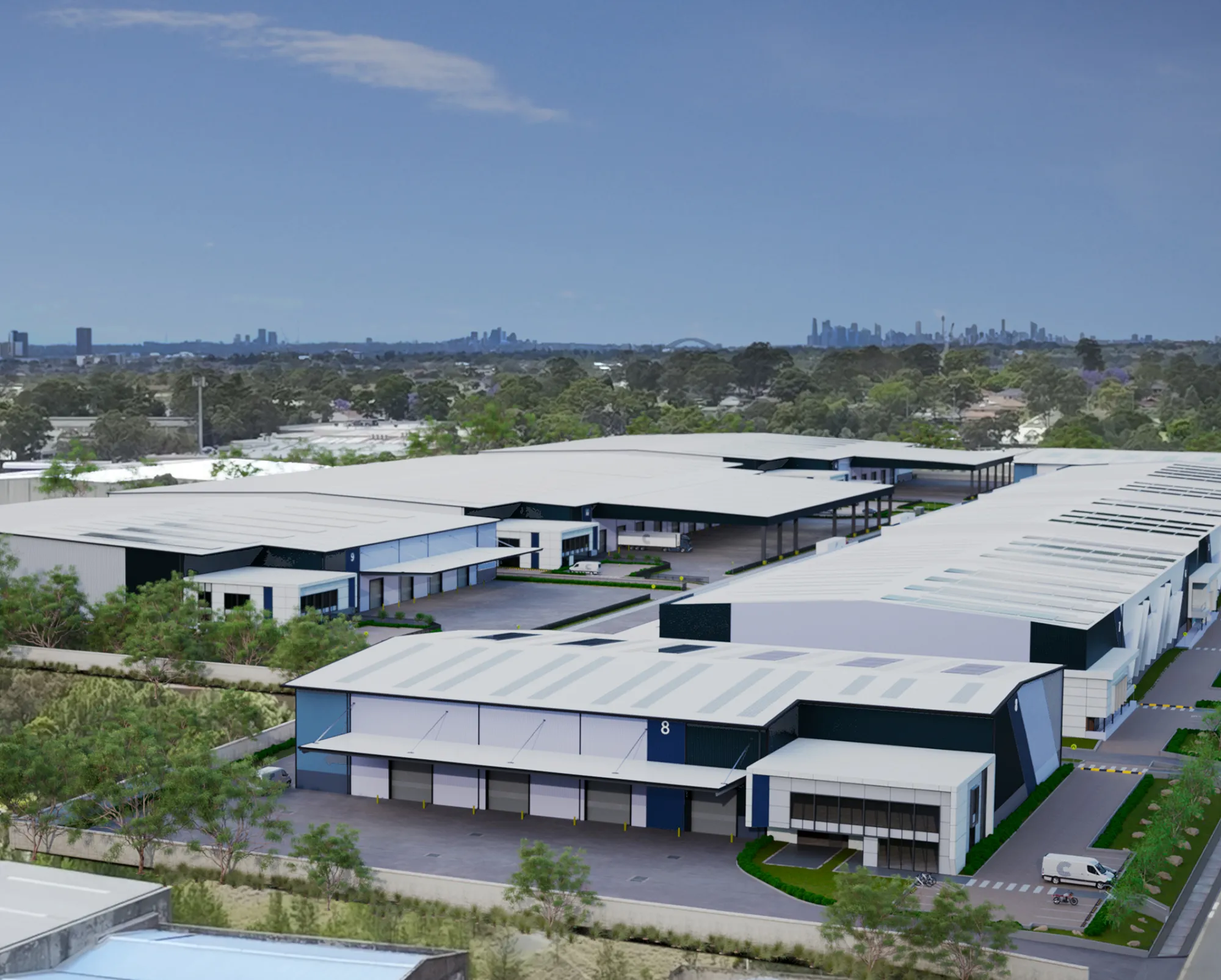Aerial render of Connect Central Sydney Logistics Estate Villawood NSW, showing large-scale industrial warehouses and distribution facilities.