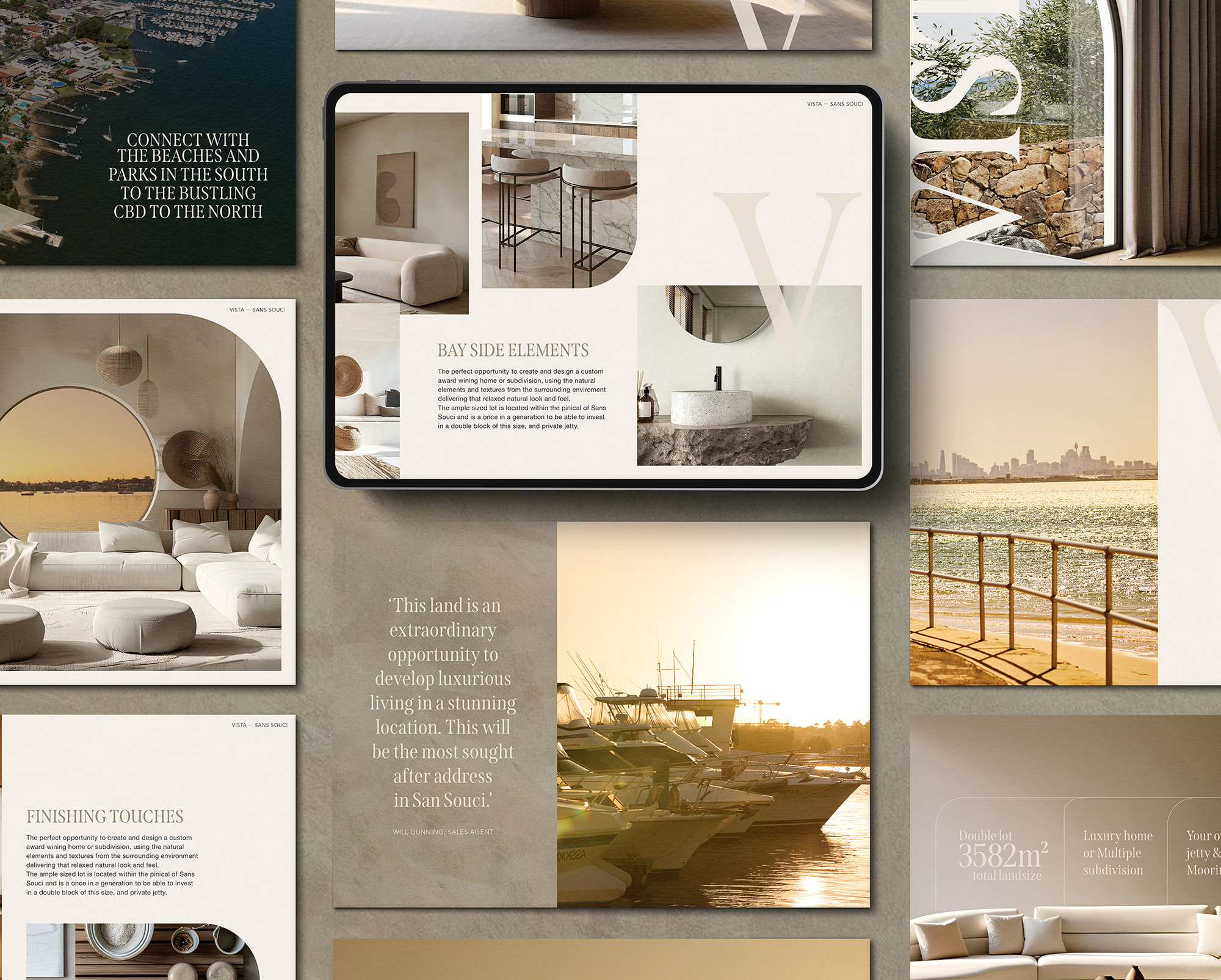 The Vista Sans Souci property marketing showcasing bayside living, interiors, and premium waterfront lifestyle at 43–45 Vista Street Sydney.