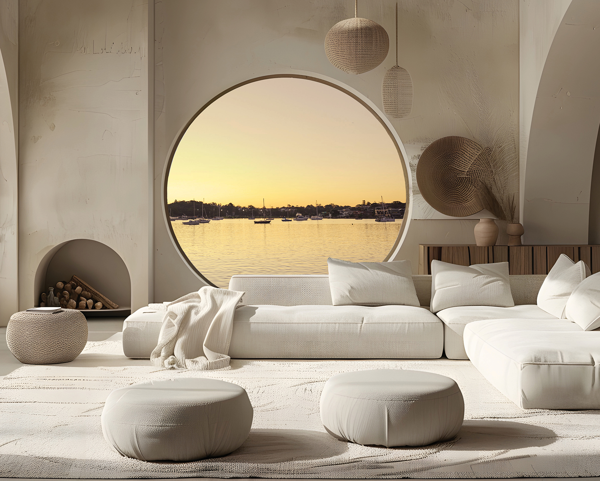 Modern coastal living room at The Vista Sans Souci with large circular window overlooking waterfront views, luxury property at 43–45 Vista Street.
