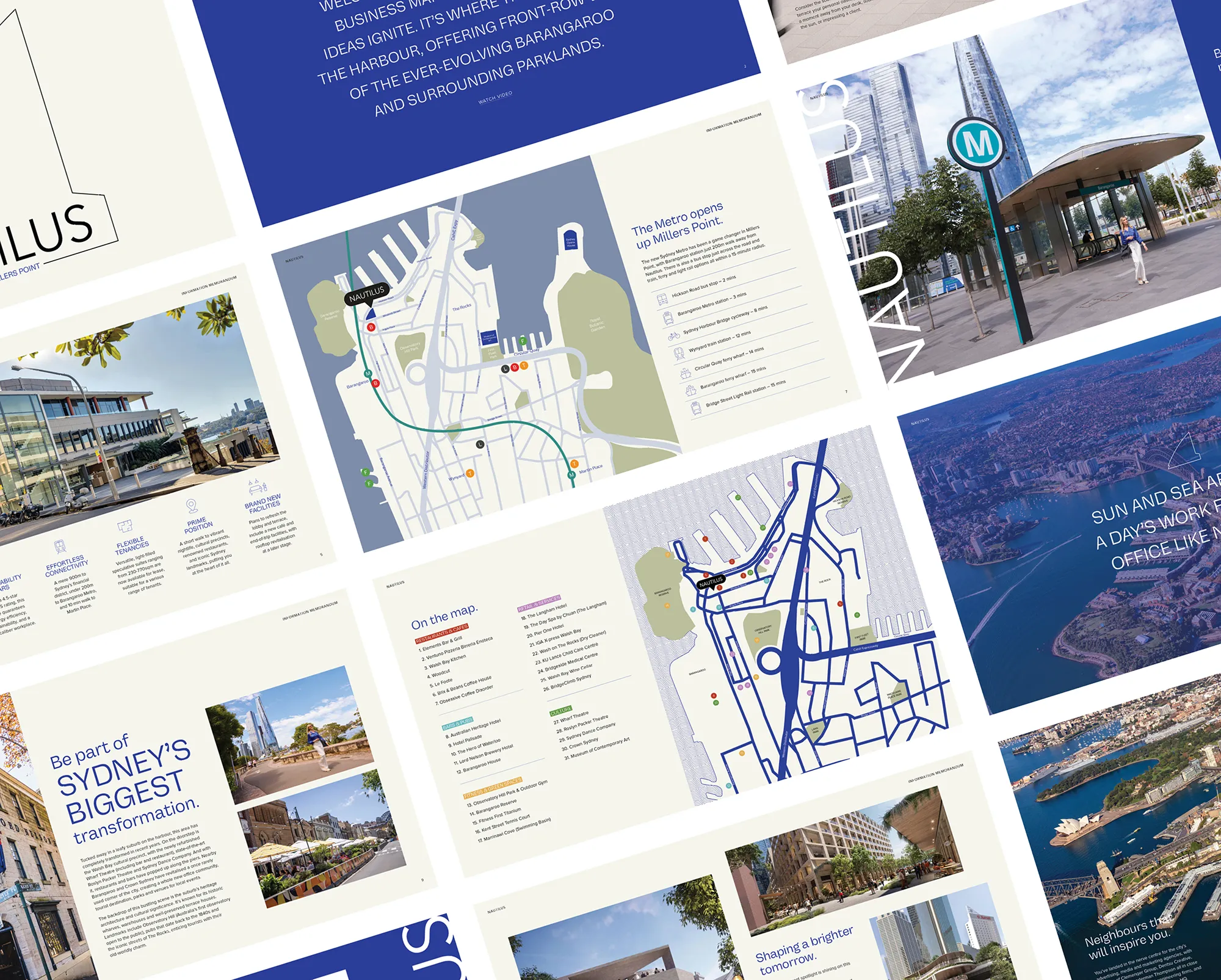 Nautilus marketing brochure and maps showcasing 8 Windmill Street Millers Point Sydney location and transport connections.
