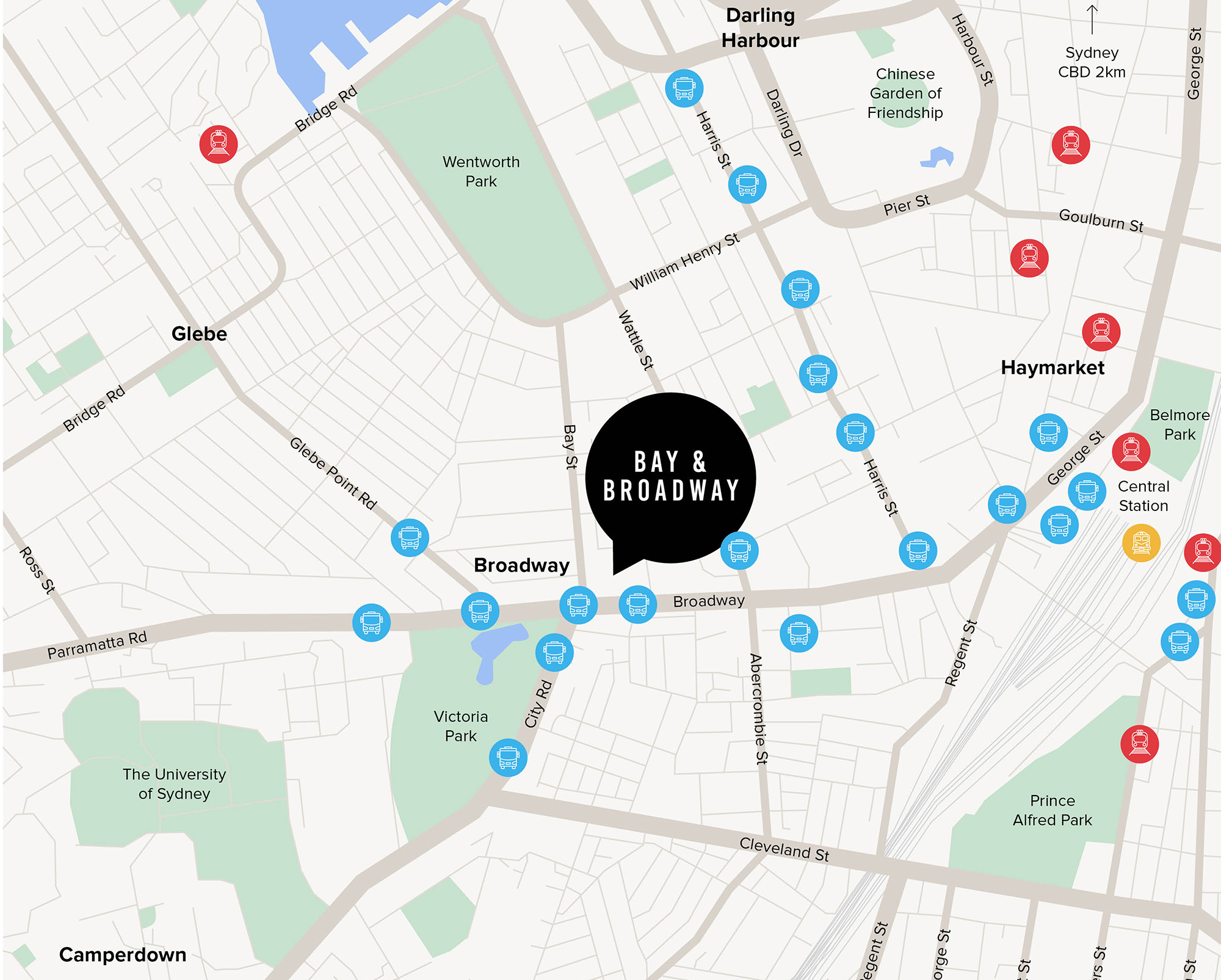 Bay & Broadway location map at 86 Bay Street Ultimo Sydney, showing proximity to Central Station, University of Sydney, and Sydney CBD.