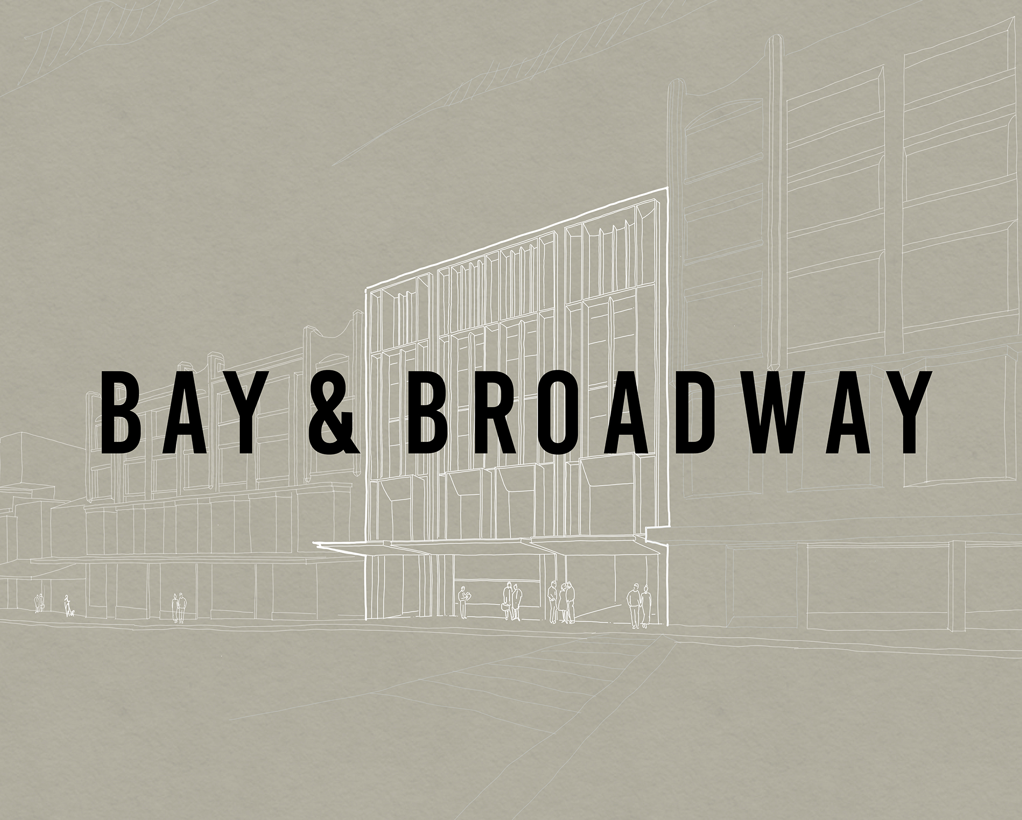 Bay & Broadway branding with architectural line drawing of commercial office building at 86 Bay Street Ultimo Sydney.