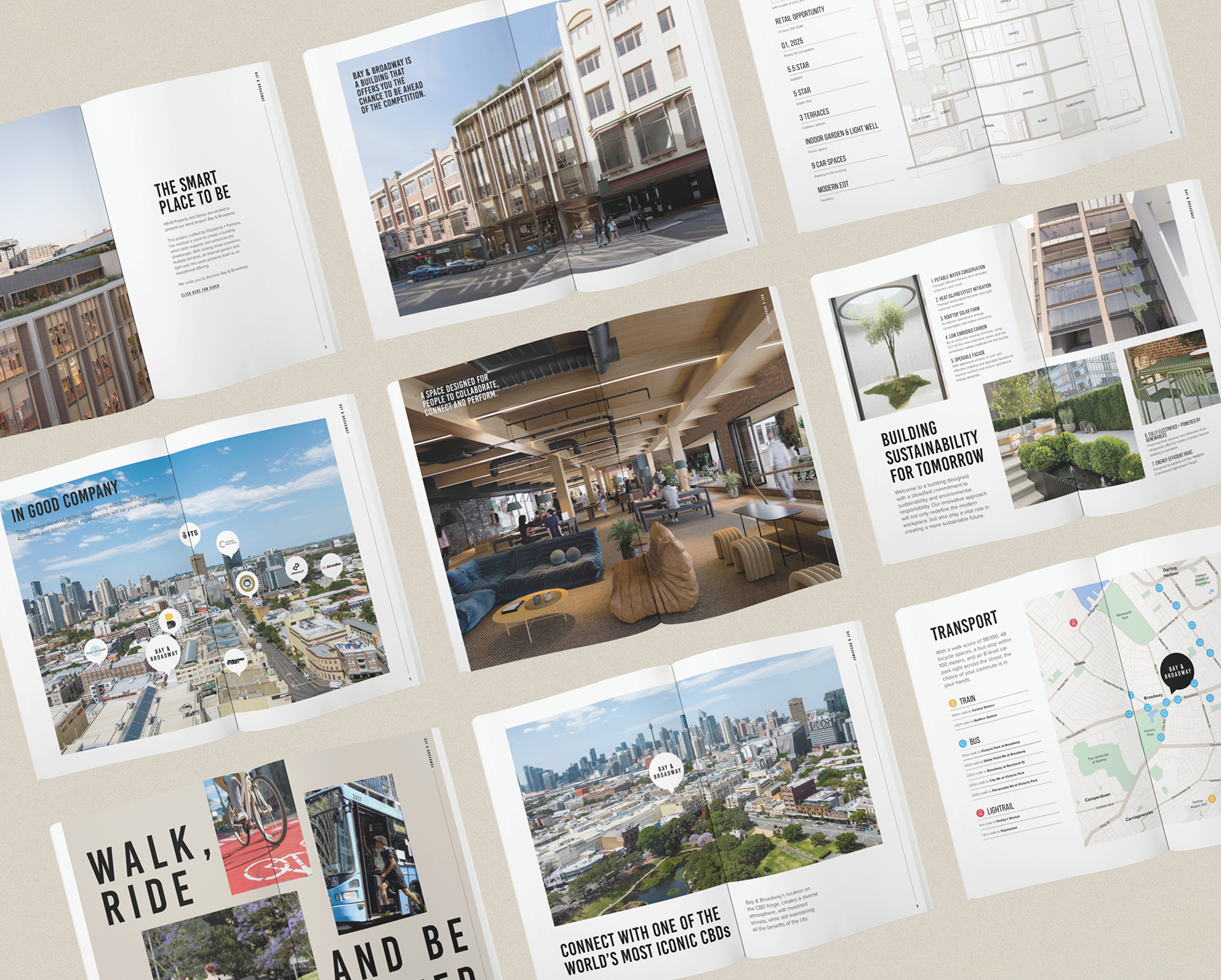 Bay & Broadway property brochure showcasing office spaces, sustainability features, transport connections, and location in Ultimo Sydney.