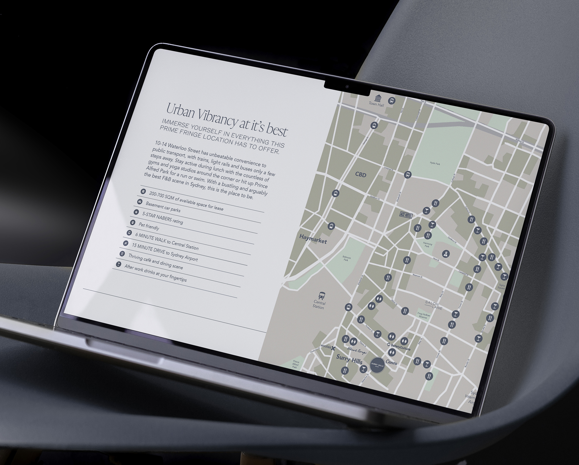 Laptop screen showing Surry Hills House Australia location map and features, highlighting proximity to Sydney CBD, Central Station, and vibrant dining scene.