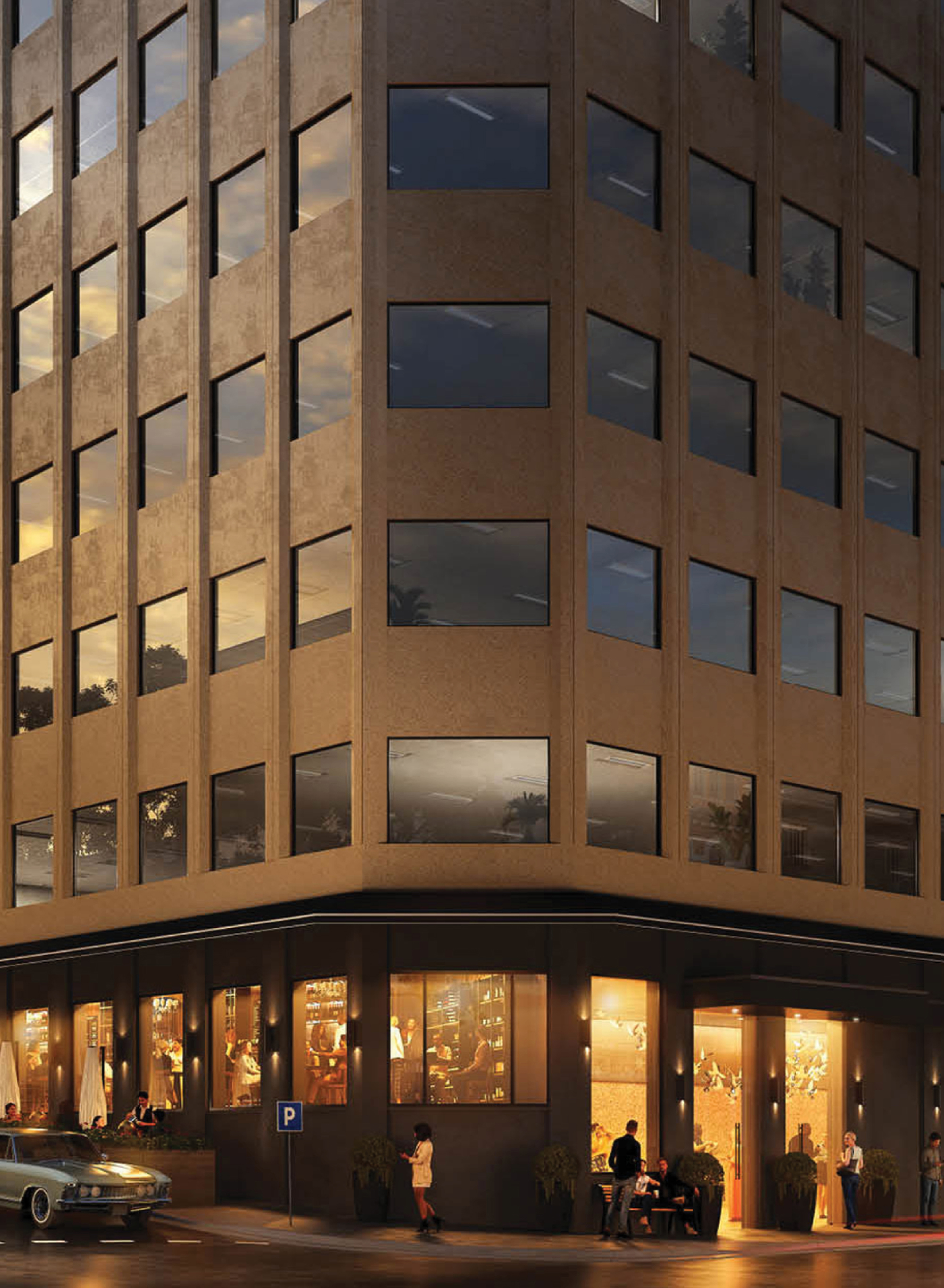 Exterior view of Surry Hills House Australia, modern office and dining space with large windows and vibrant street scene at dusk.