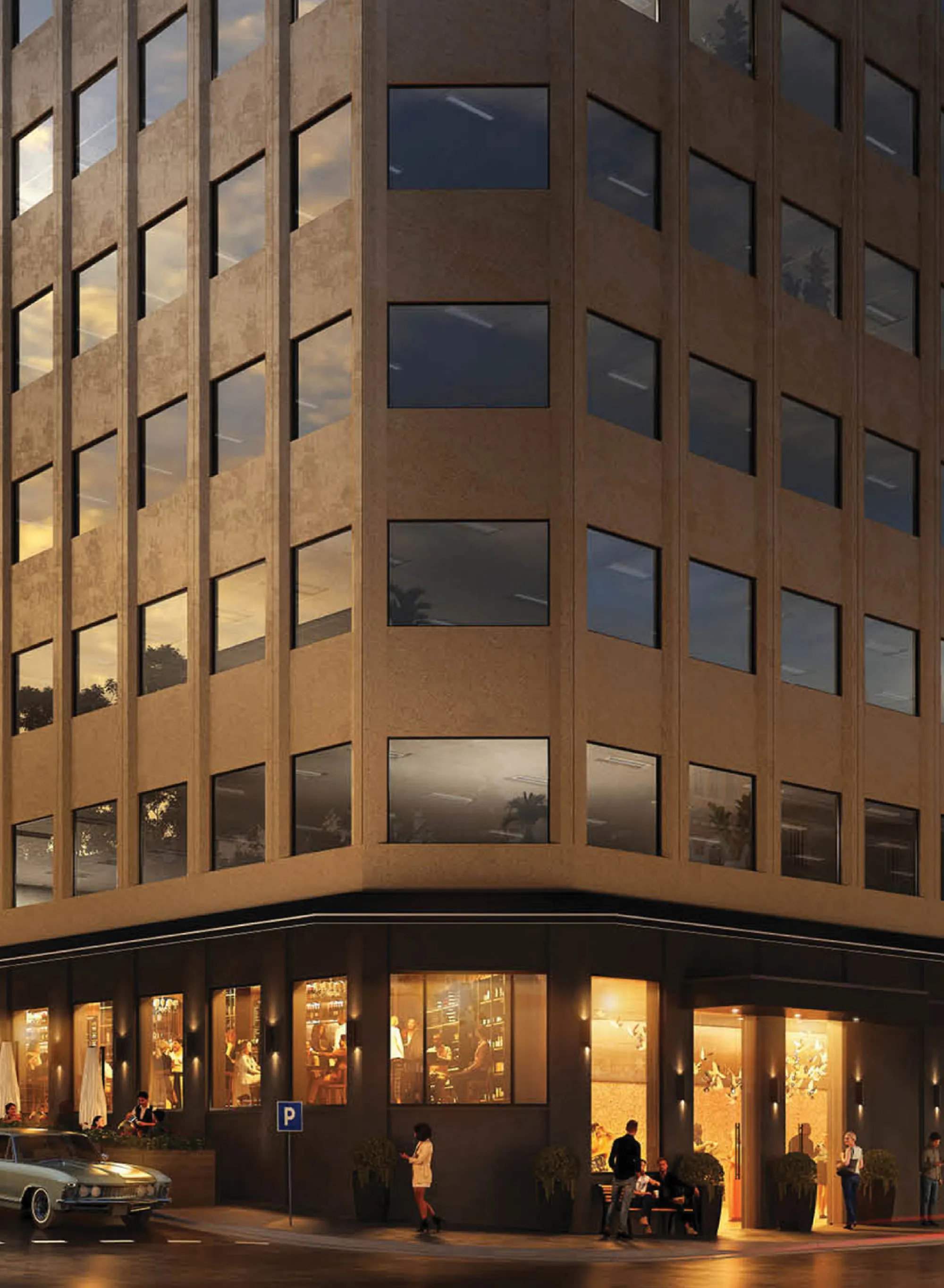 Exterior view of Surry Hills House Australia, modern office and dining space with large windows and vibrant street scene at dusk.