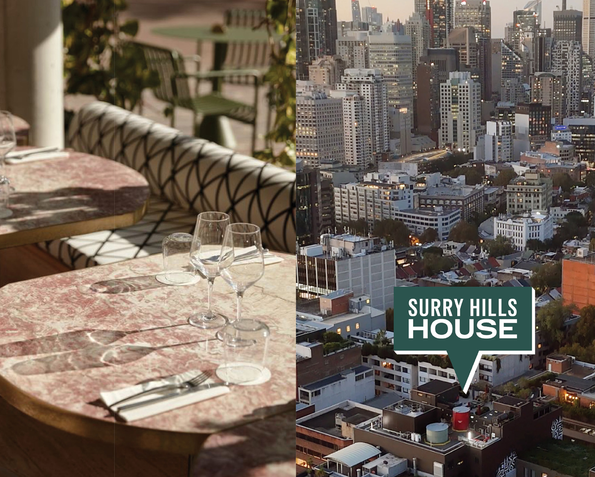 Interior and lifestyle views of Surry Hills House Australia, featuring modern lobby design with artistic ceiling installation, stylish dining tables, and aerial cityscape of Sydney’s Surry Hills district.