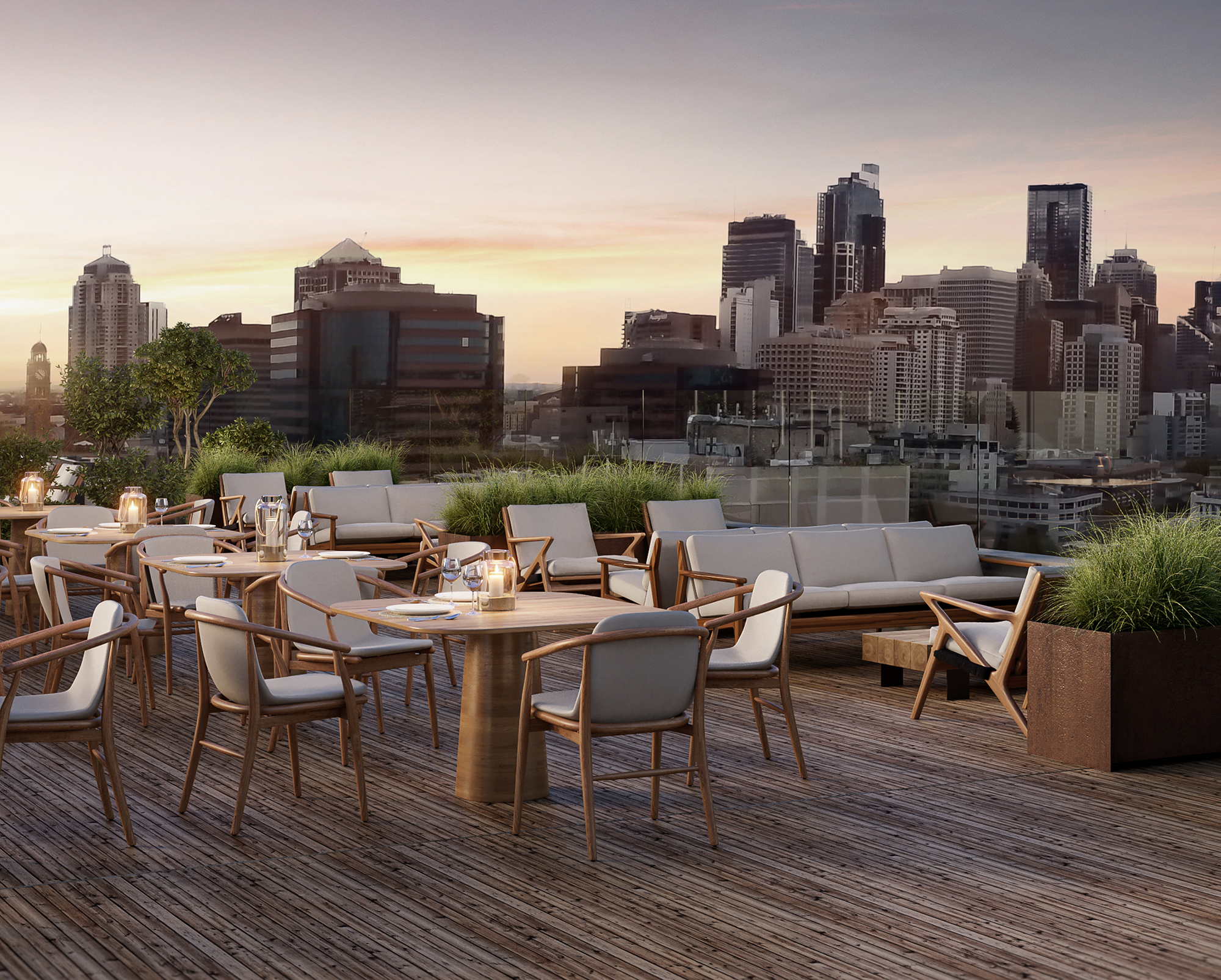Rooftop dining terrace at Surry Hills House Australia with modern wooden furniture, city skyline views of Sydney, and sunset ambience.
