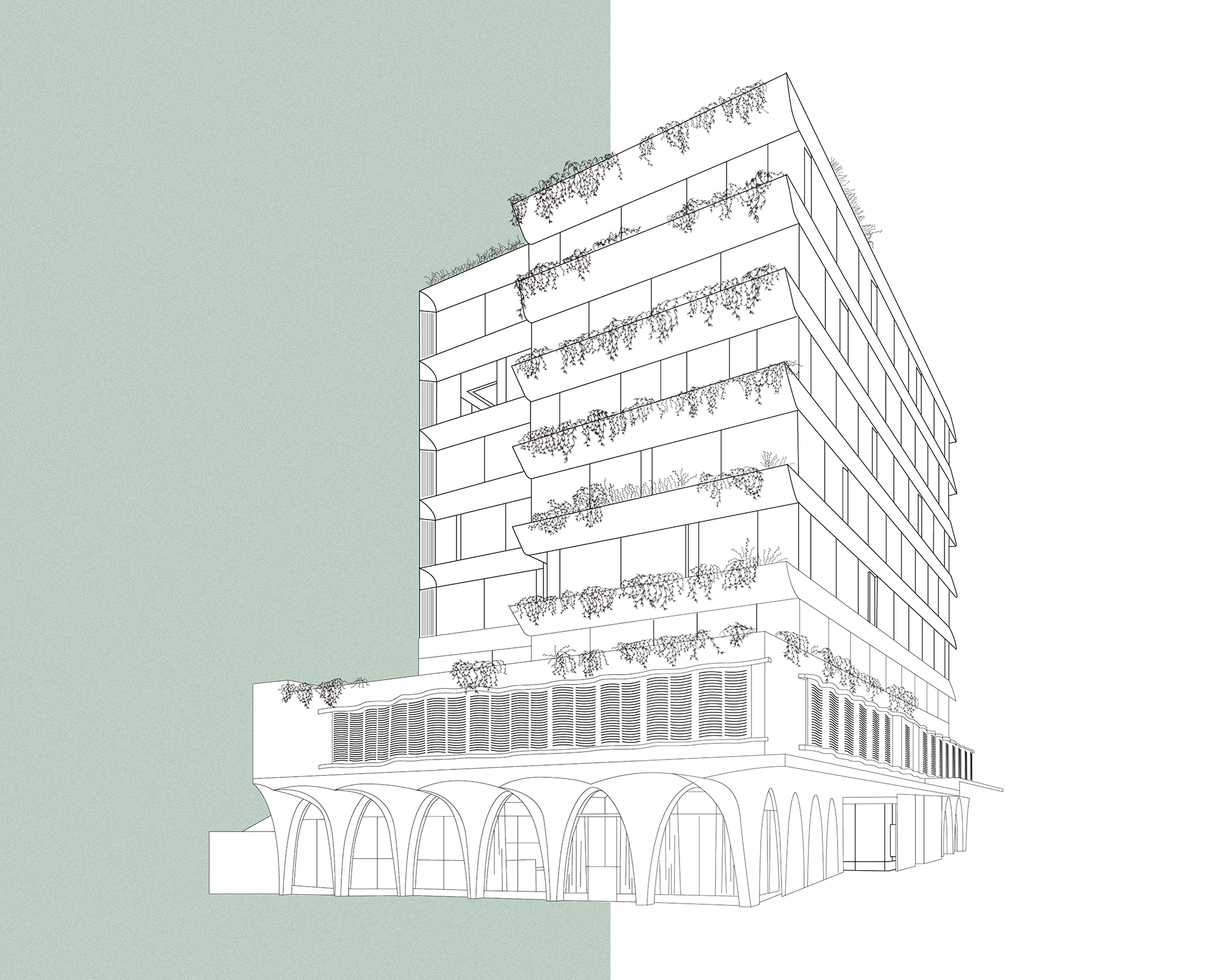 Architectural line illustration of Verdical at 88 Ebley Street Bondi Junction, sustainable office development with greenery façade.