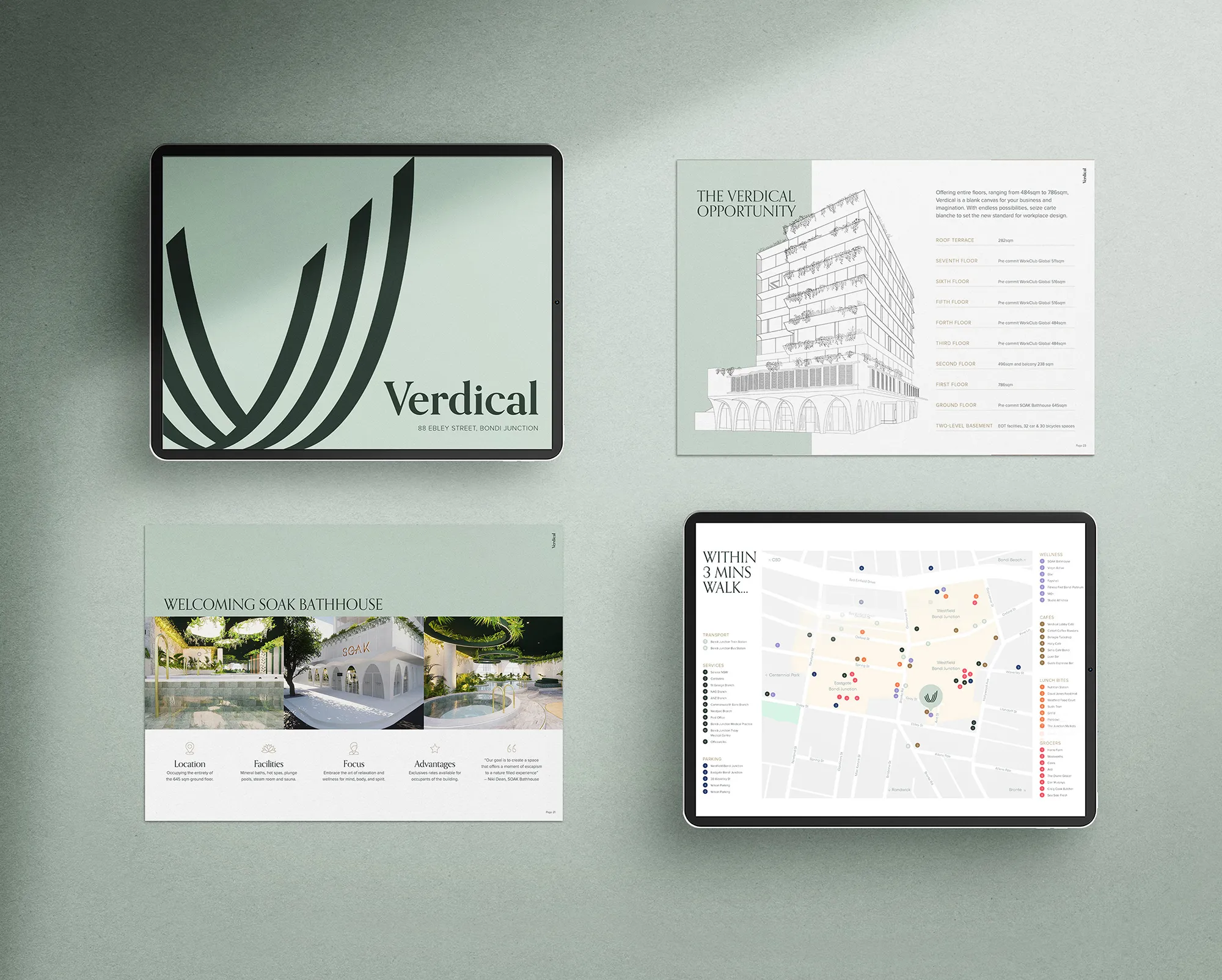 Verdical at 88 Ebley Street Bondi Junction marketing materials showing architectural design, floorplans, Soak Bathhouse amenities, and local area map.