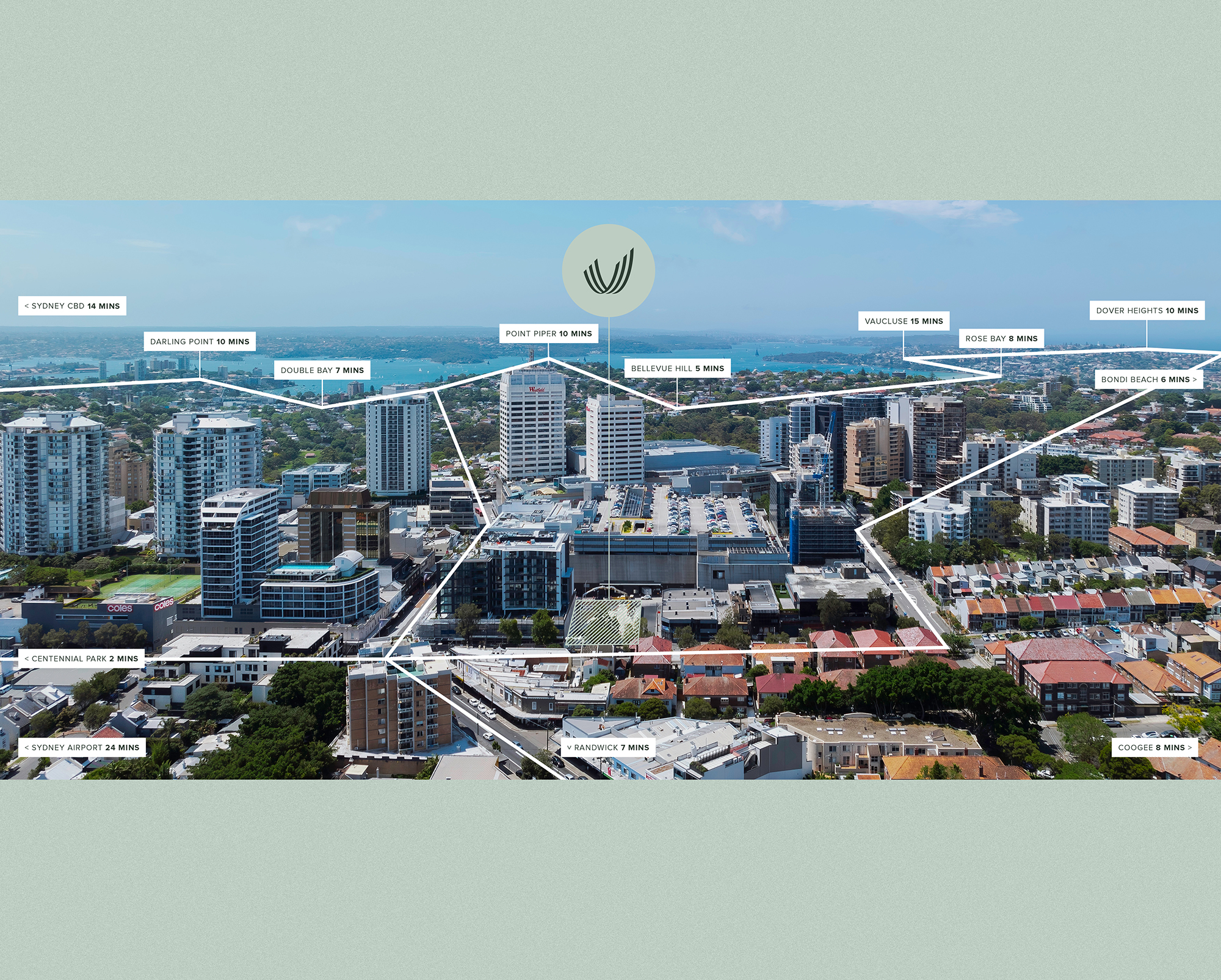 Aerial view of Bondi Junction with Verdical location at 88 Ebley Street, highlighting proximity to Sydney CBD, Bondi Beach, Randwick, and eastern suburbs