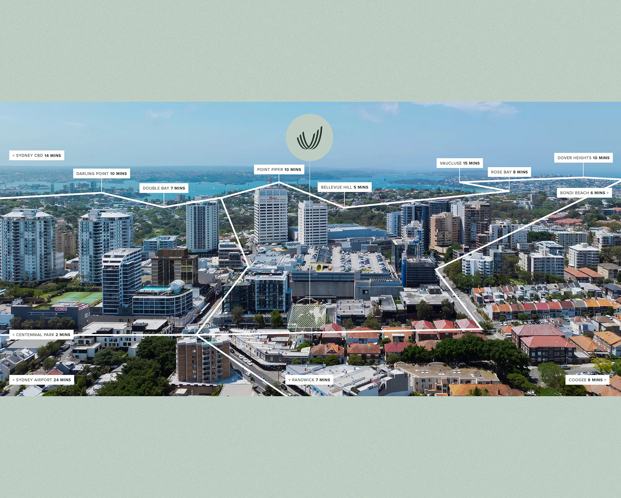 Aerial view of Bondi Junction with Verdical location at 88 Ebley Street, highlighting proximity to Sydney CBD, Bondi Beach, Randwick, and eastern suburbs