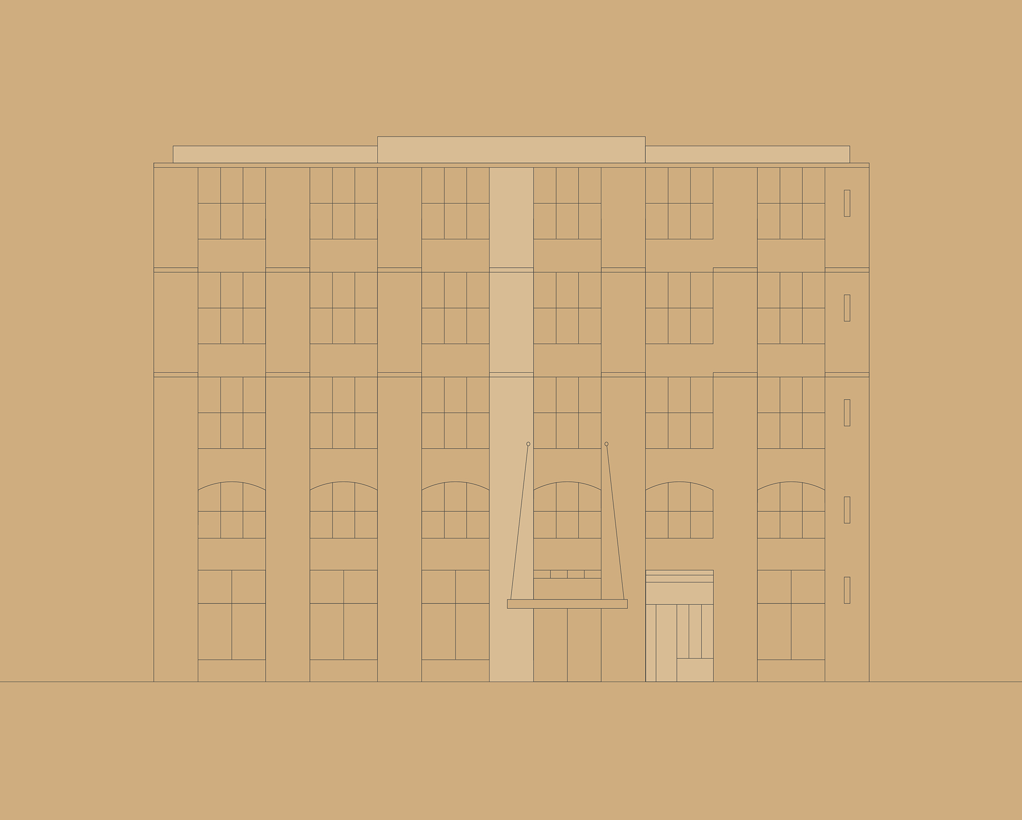 Line illustration of The Yarn at 645 Harris Street Ultimo, heritage building redevelopment with modern education and commercial space.
