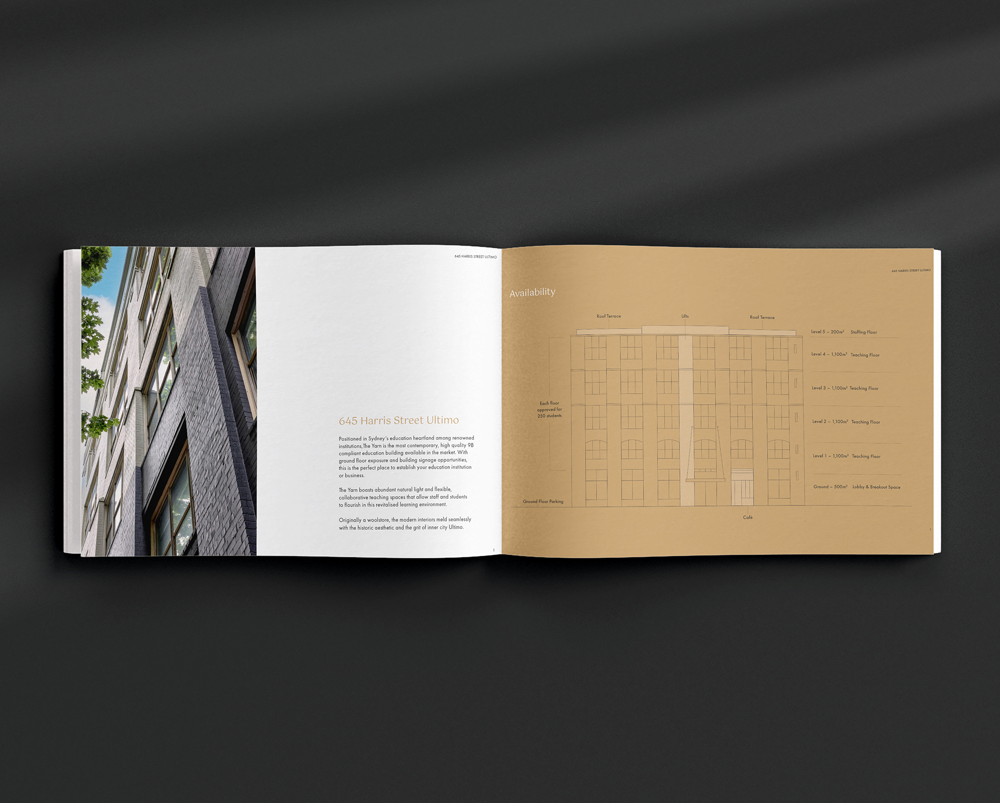 The Yarn property brochure highlighting 645 Harris Street Ultimo heritage façade, availability, and flexible teaching floors.