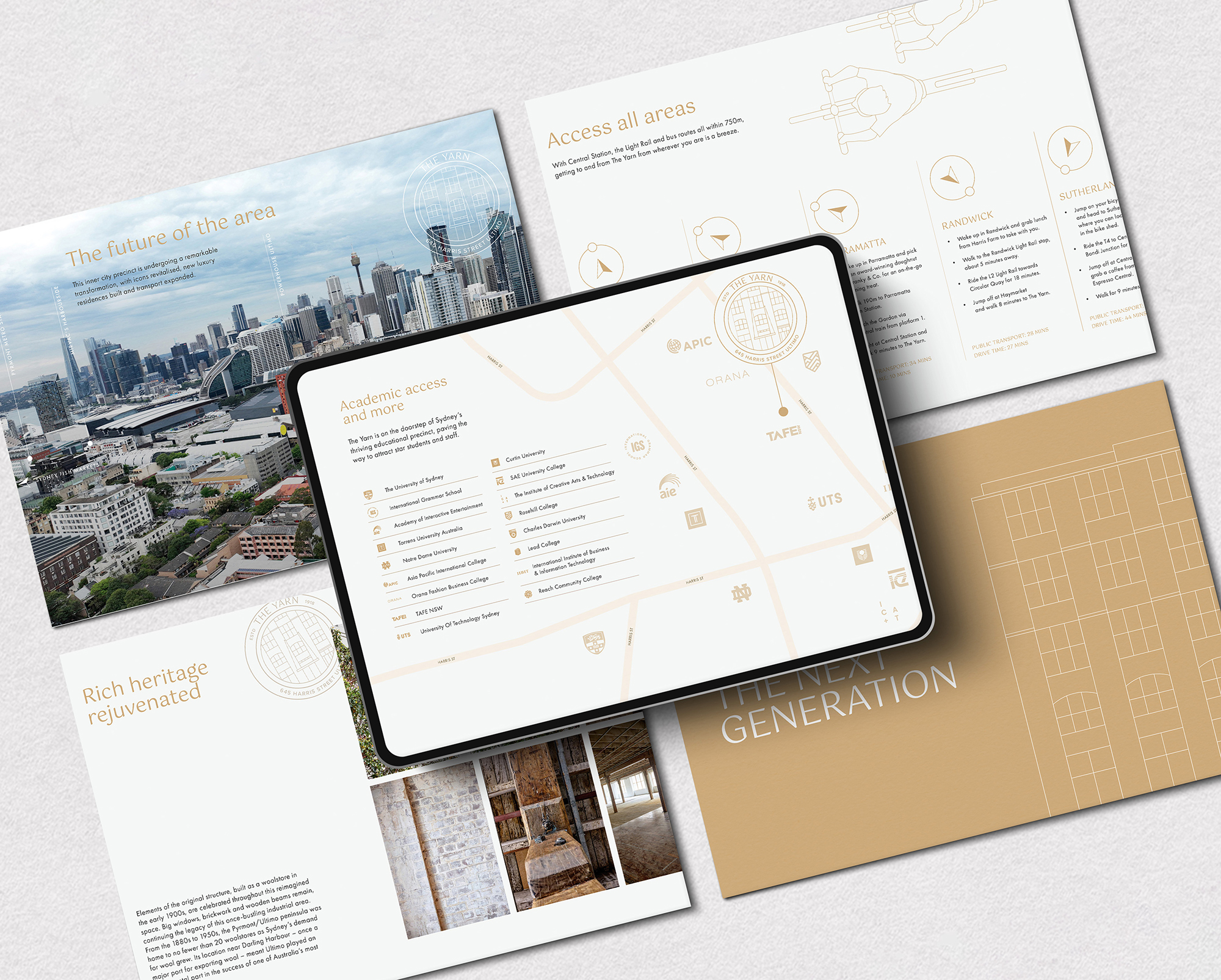 The Yarn Ultimo property marketing collateral featuring Sydney CBD views, academic access map, and local amenities.