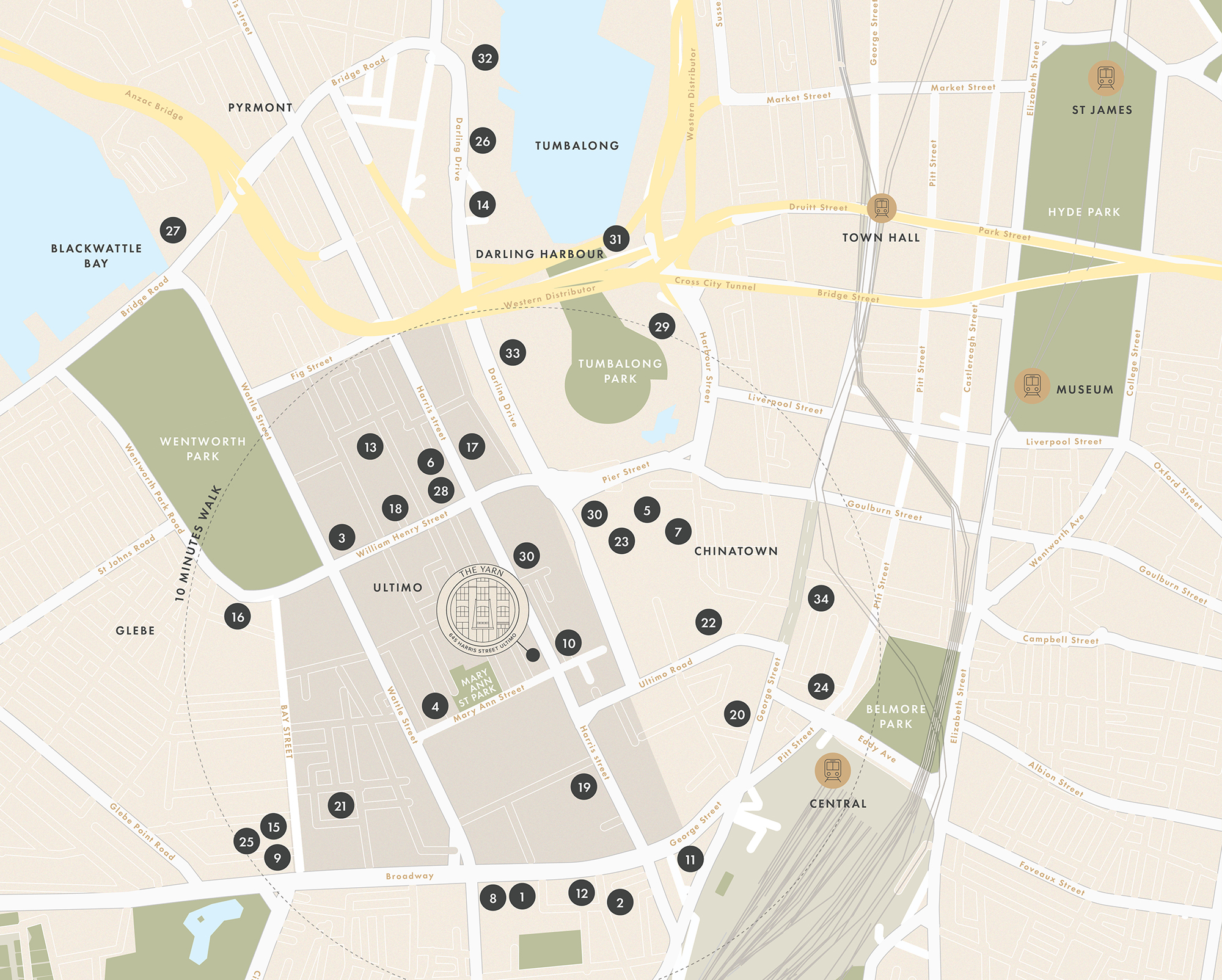 Map showing The Yarn at 645 Harris Street Ultimo Sydney and surrounding precincts including Chinatown, Darling Harbour, and Central Station.