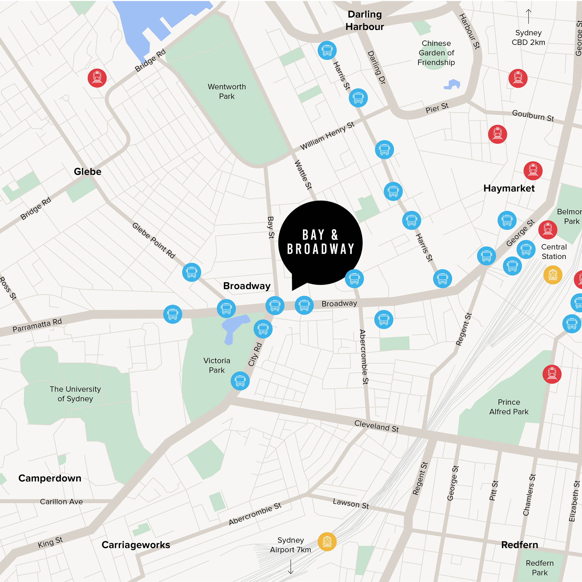 Bay & Broadway location map at 86 Bay Street Ultimo Sydney, showing proximity to Central Station, University of Sydney, and Sydney CBD.