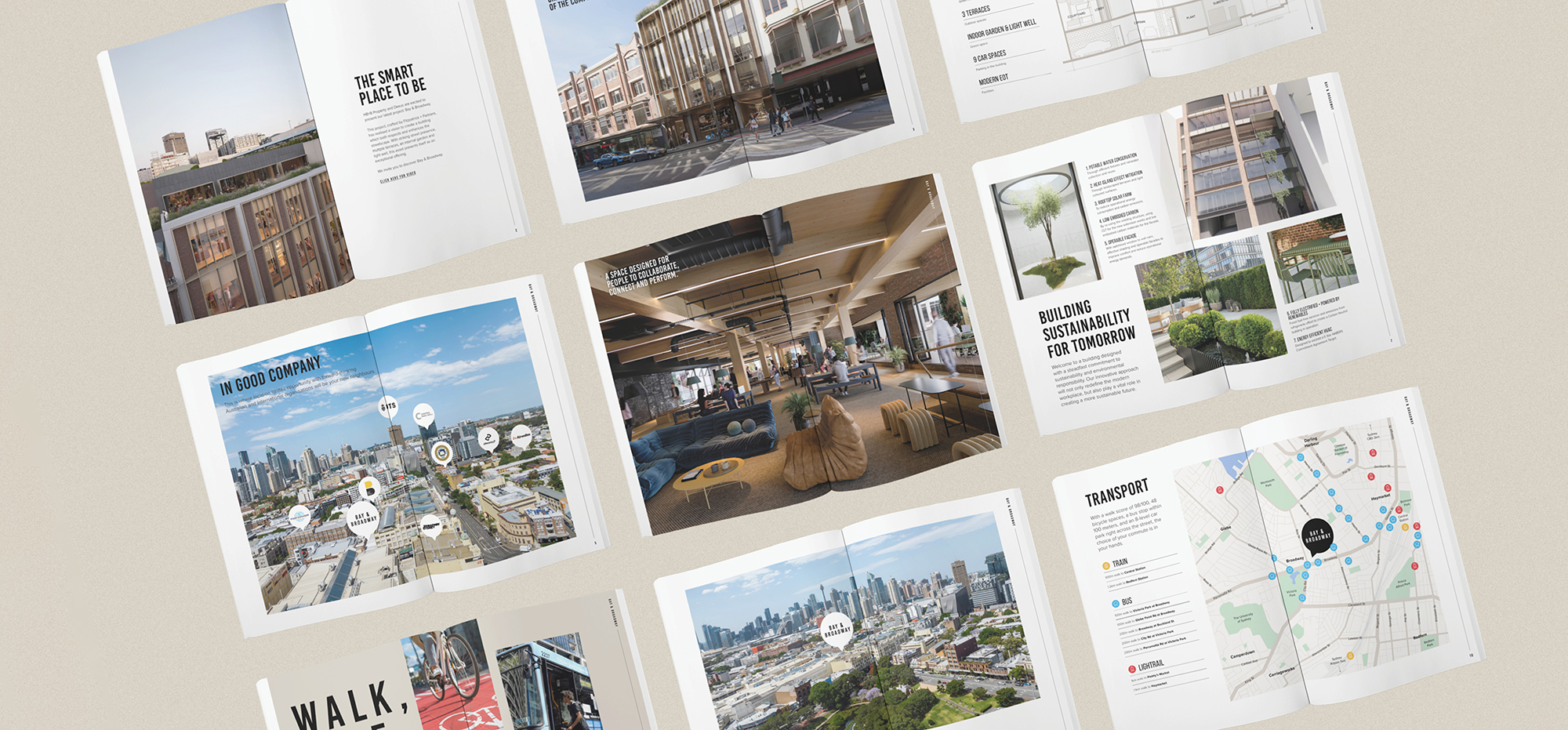 Bay & Broadway property brochure showcasing office spaces, sustainability features, transport connections, and location in Ultimo Sydney.