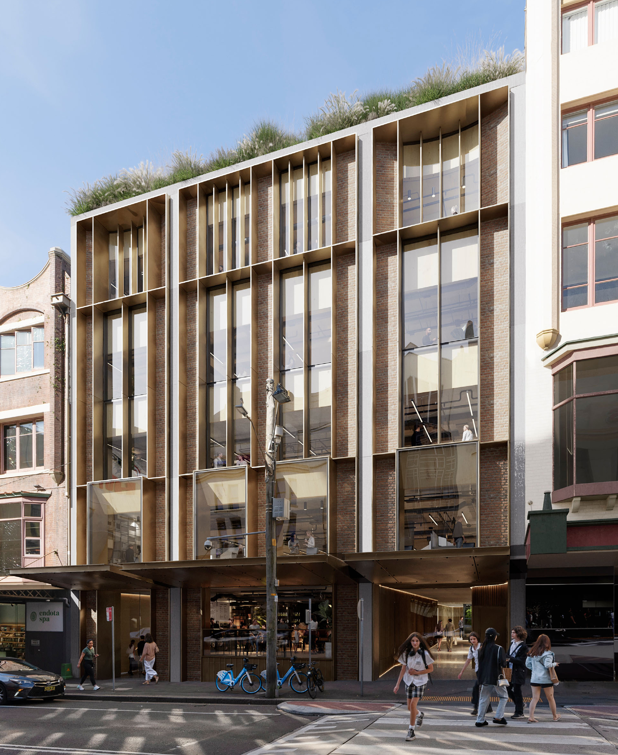 Bay & Broadway building at 86 Bay Street, Ultimo Australia – modern glass façade with retail spaces and heritage-style neighbours in Sydney.
