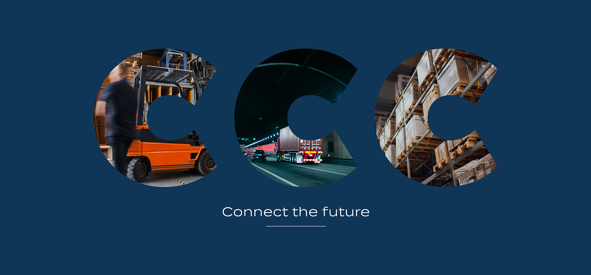 Connect Central Sydney Logistics Estate branding with CCC typography featuring warehouse, trucking, and logistics imagery.