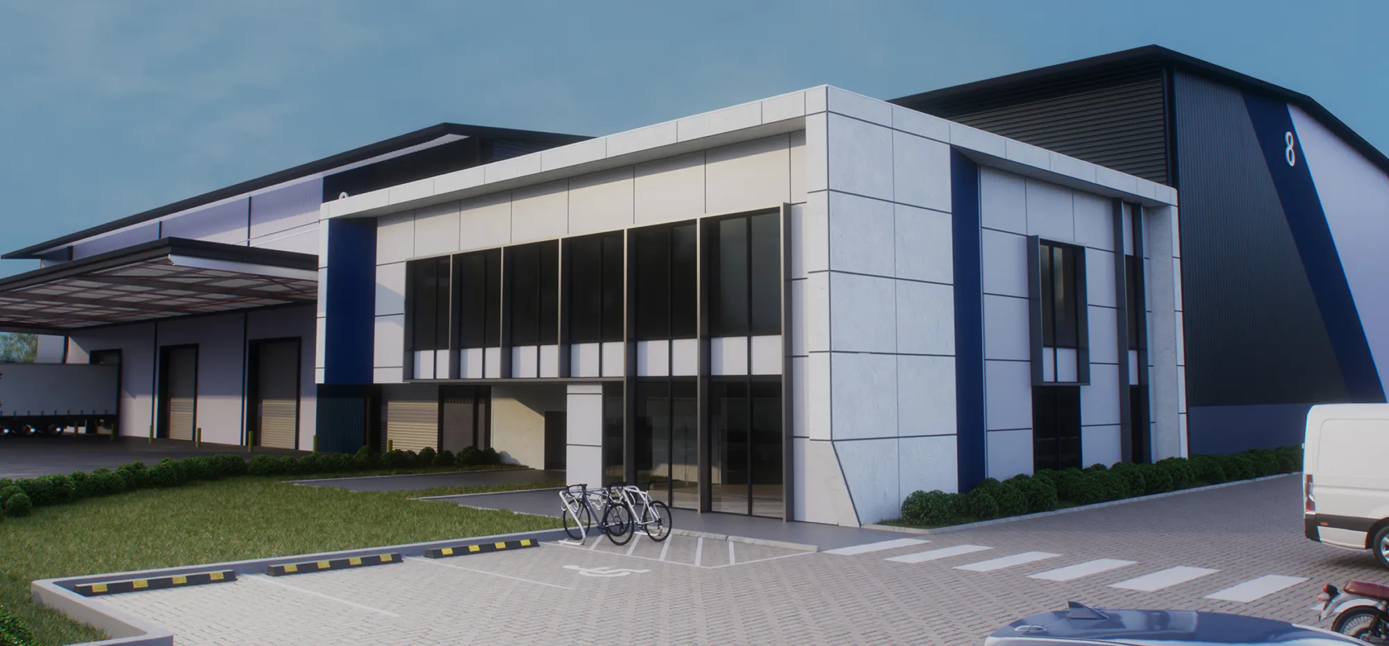 Architectural render of office and warehouse facility at Connect Central Sydney Logistics Estate, 2 Christina Road Villawood NSW.
