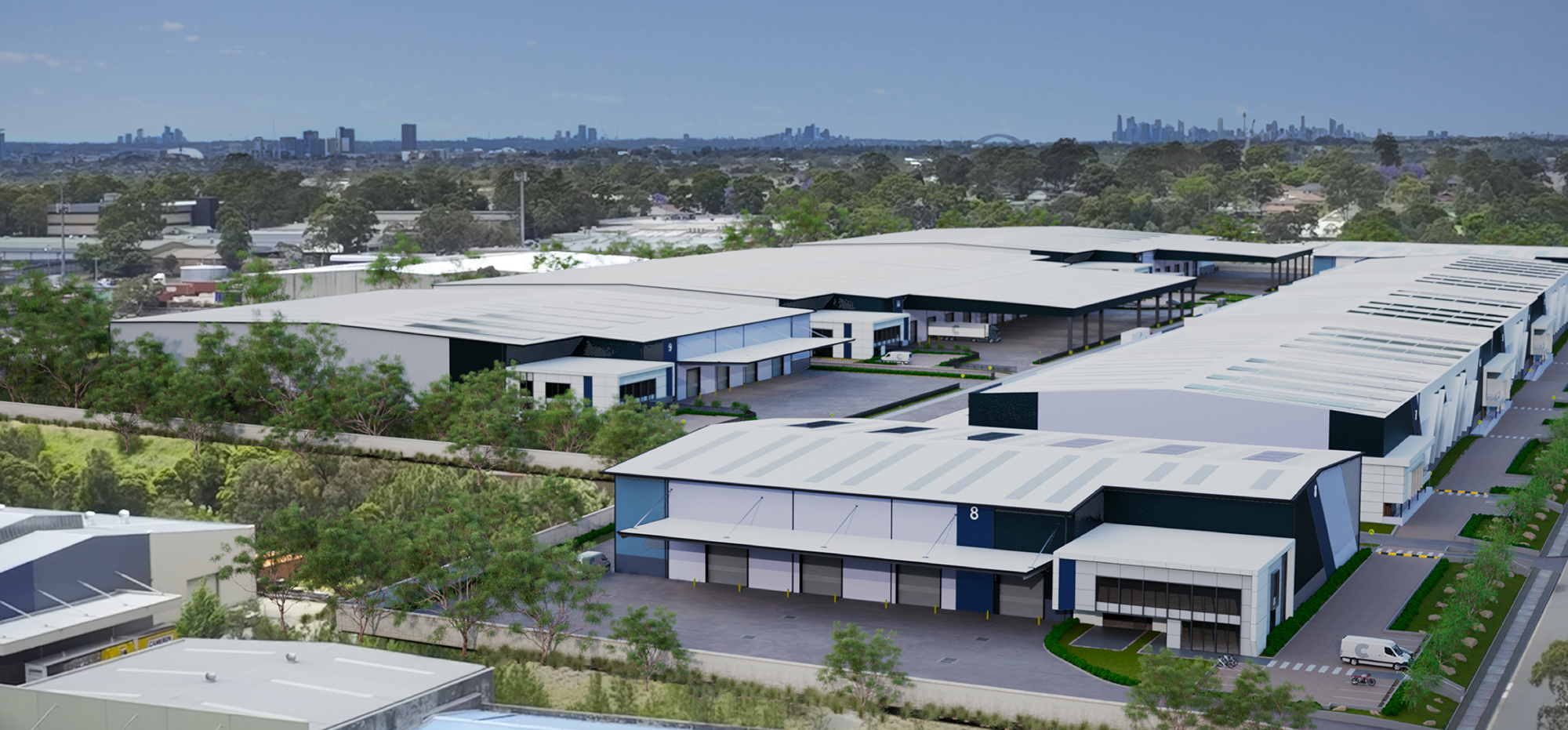 Aerial render of Connect Central Sydney Logistics Estate Villawood NSW, showing large-scale industrial warehouses and distribution facilities.