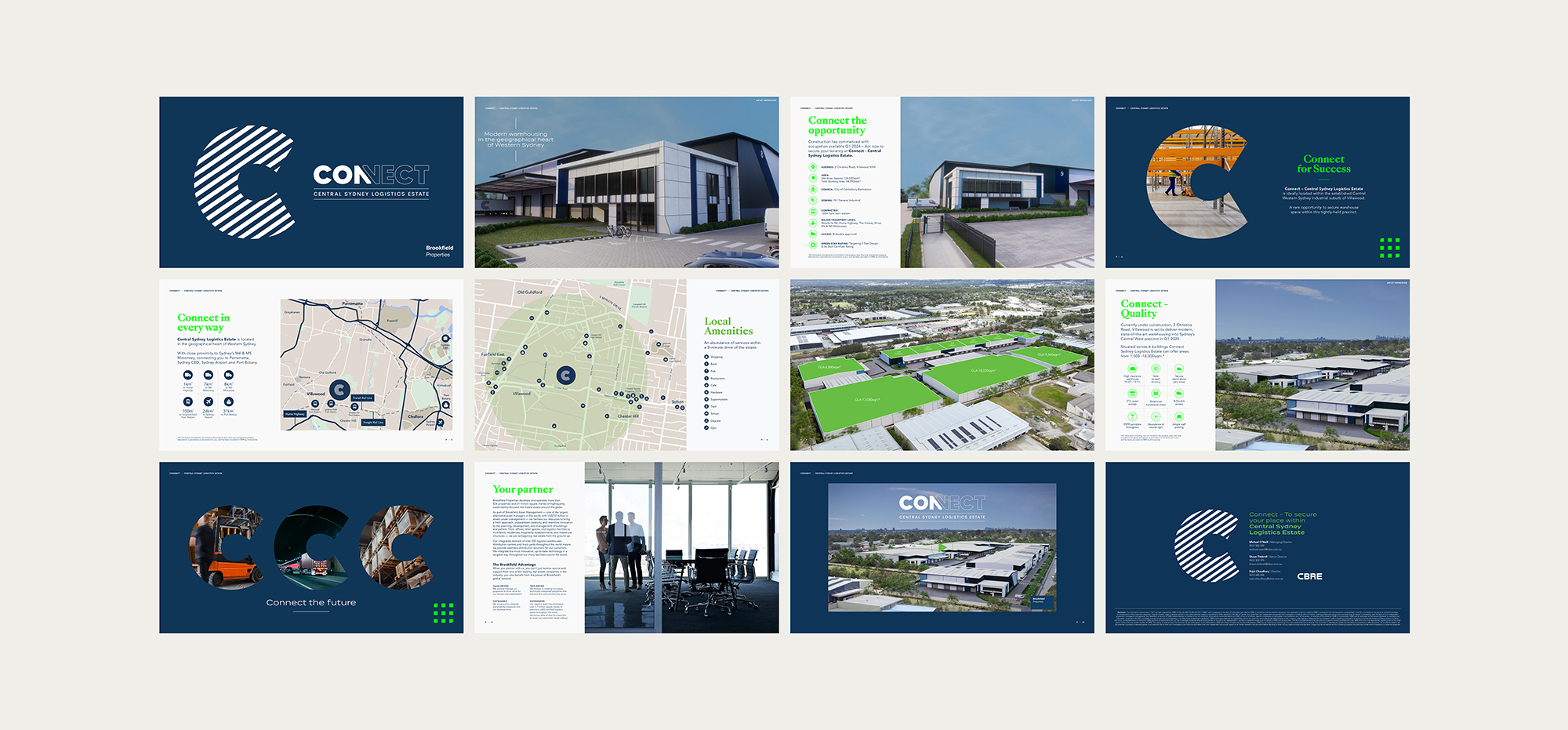 Marketing brochure for Connect Central Sydney Logistics Estate at 2 Christina Road Villawood NSW showcasing industrial warehouses, amenities, and site plans.