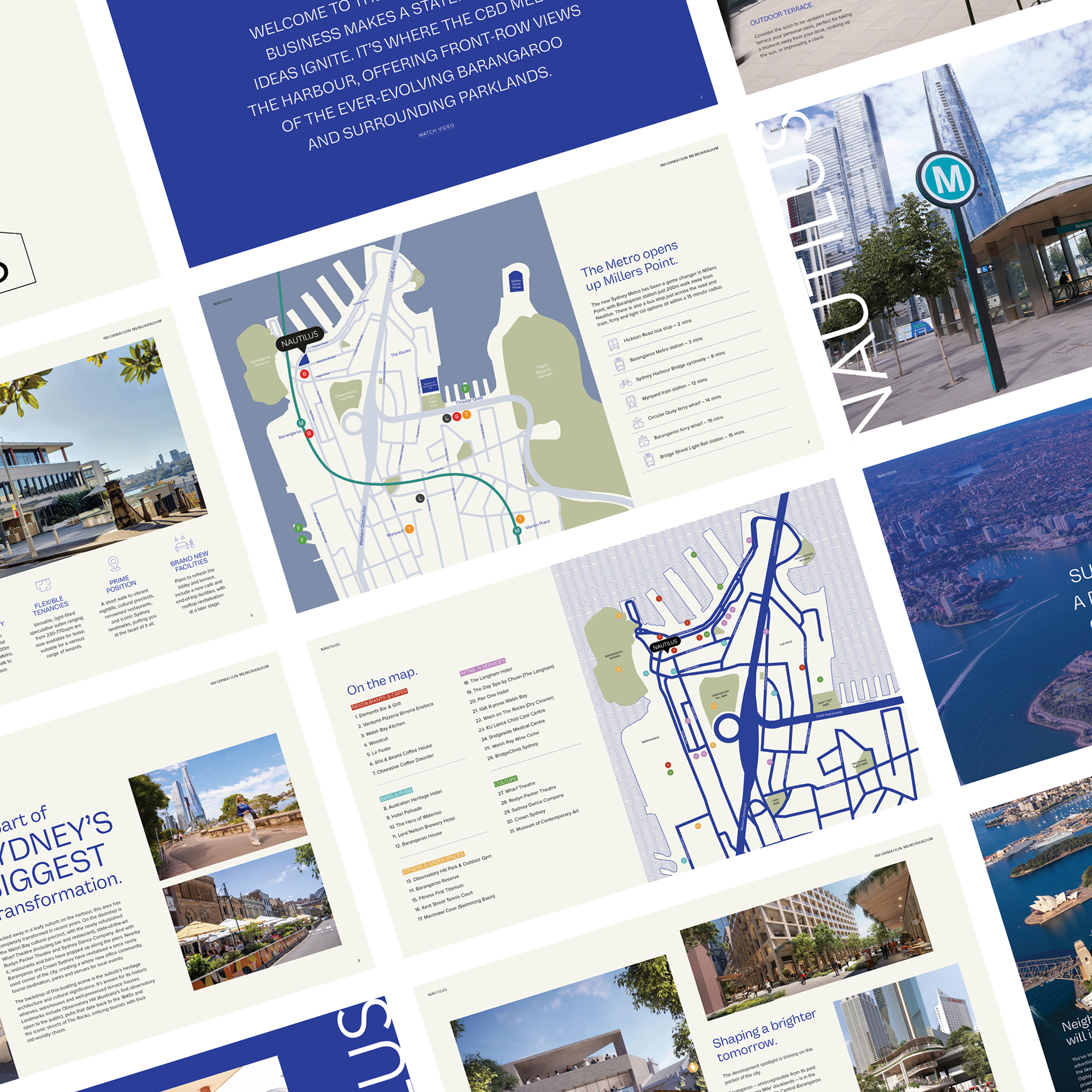 Nautilus marketing brochure and maps showcasing 8 Windmill Street Millers Point Sydney location and transport connections.
