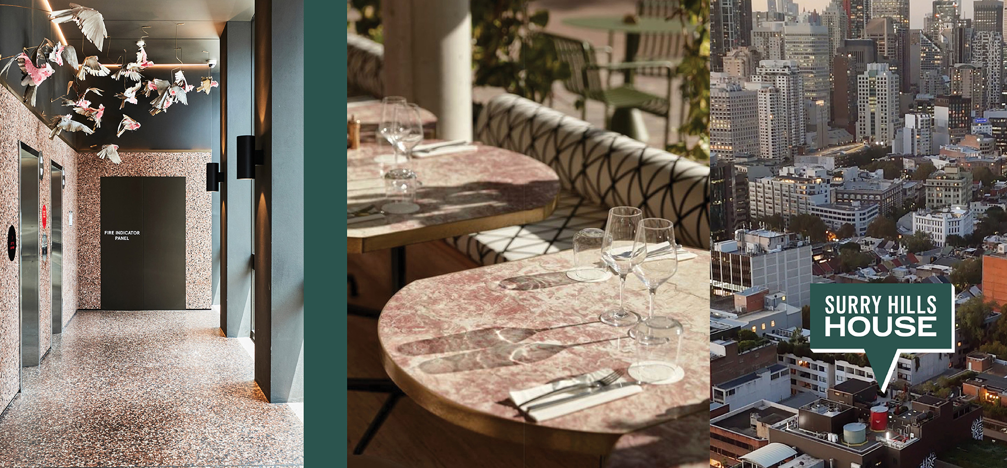 Interior and lifestyle views of Surry Hills House Australia, featuring modern lobby design with artistic ceiling installation, stylish dining tables, and aerial cityscape of Sydney’s Surry Hills district.