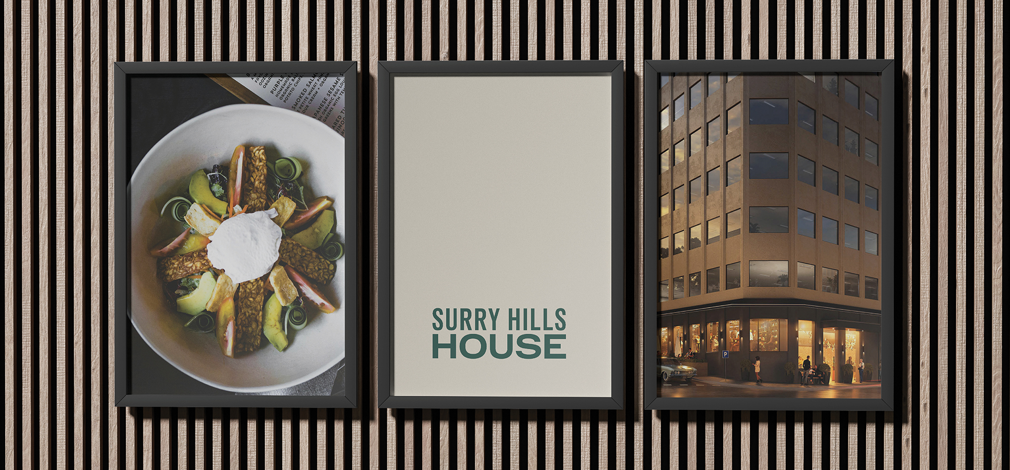 Interior and lifestyle views of Surry Hills House Australia, featuring modern lobby design with artistic ceiling installation, stylish dining tables, and aerial cityscape of Sydney’s Surry Hills district.