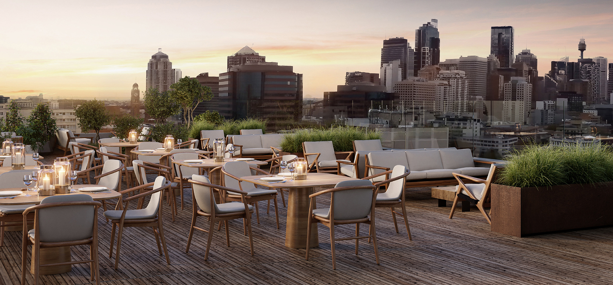 Rooftop dining terrace at Surry Hills House Australia with modern wooden furniture, city skyline views of Sydney, and sunset ambience.
