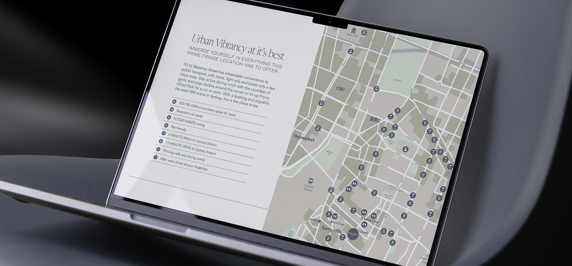 Surry Hills House Australia location map and features, highlighting proximity to Sydney CBD, Central Station, and vibrant dining scene.