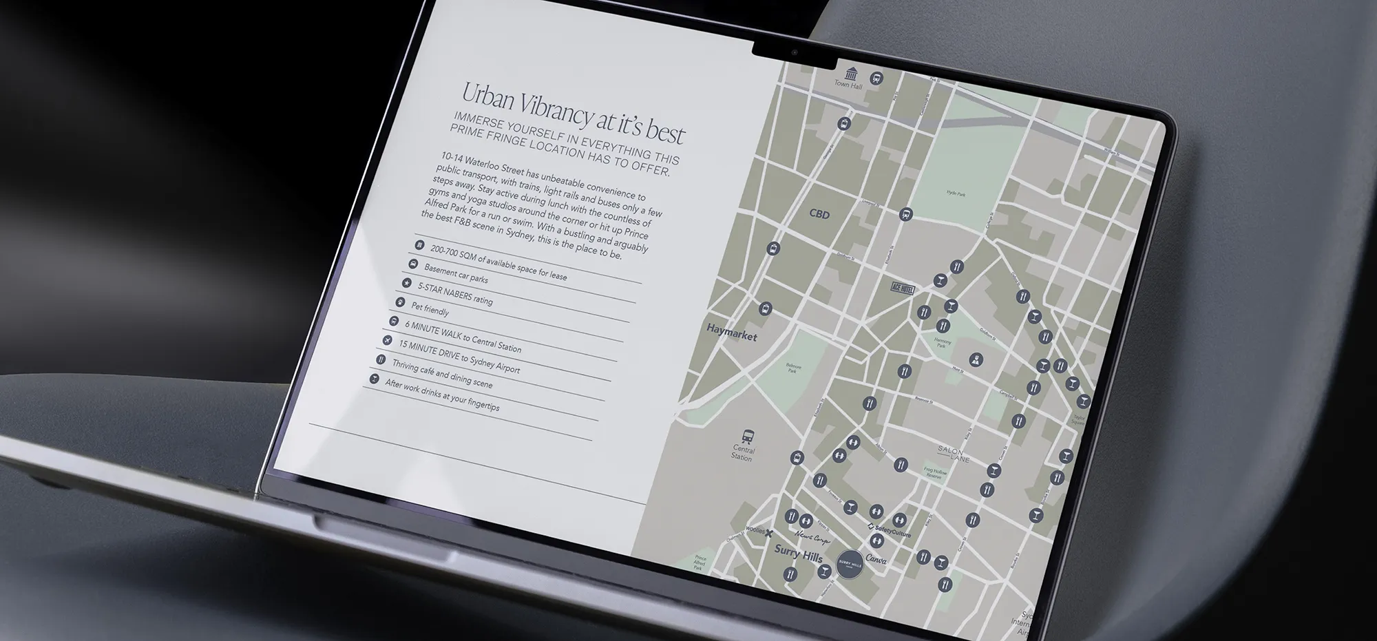 Surry Hills House Australia location map and features, highlighting proximity to Sydney CBD, Central Station, and vibrant dining scene.