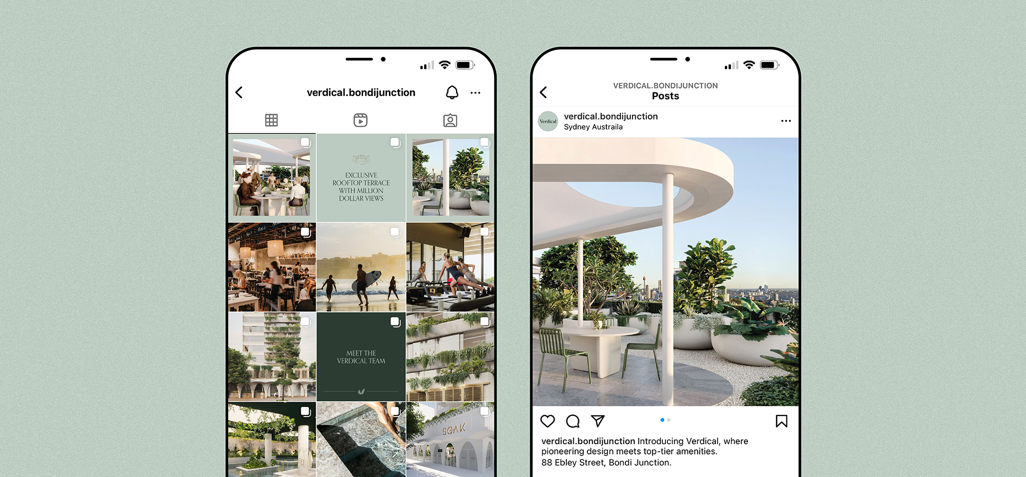 Verdical Bondi Junction Instagram campaign showcasing rooftop terrace, lifestyle amenities, and project updates at 88 Ebley Street Sydney.