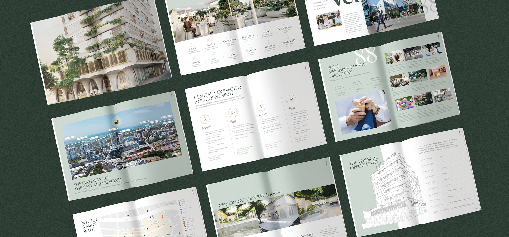 Verdical Bondi Junction property brochure featuring design renders, neighbourhood directory, connectivity maps, and premium office space details.