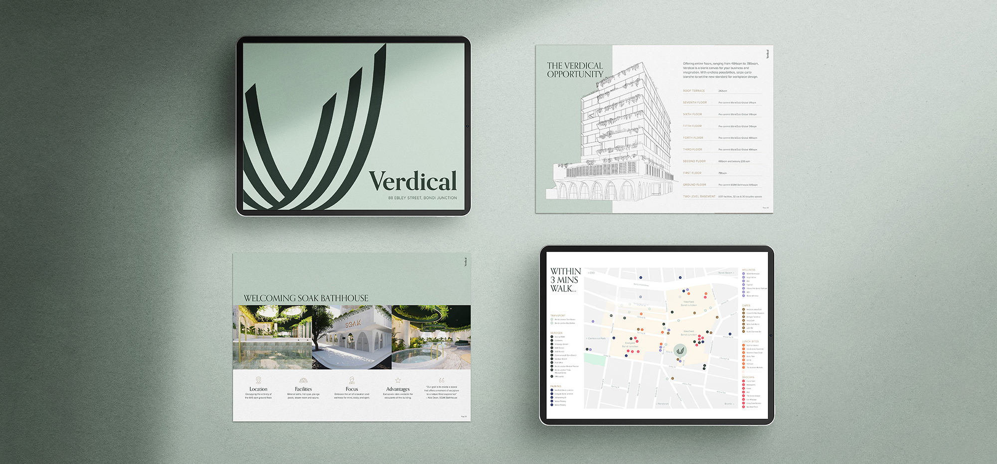 Verdical at 88 Ebley Street Bondi Junction marketing materials showing architectural design, floorplans, Soak Bathhouse amenities, and local area map.