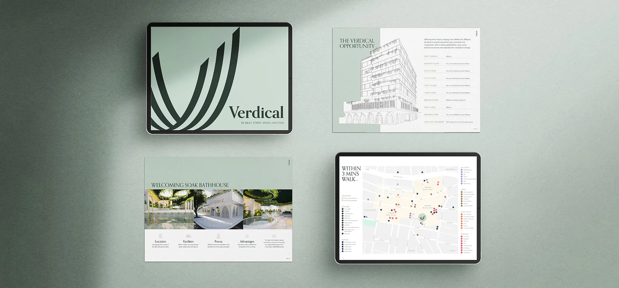 Verdical at 88 Ebley Street Bondi Junction marketing materials showing architectural design, floorplans, Soak Bathhouse amenities, and local area map.