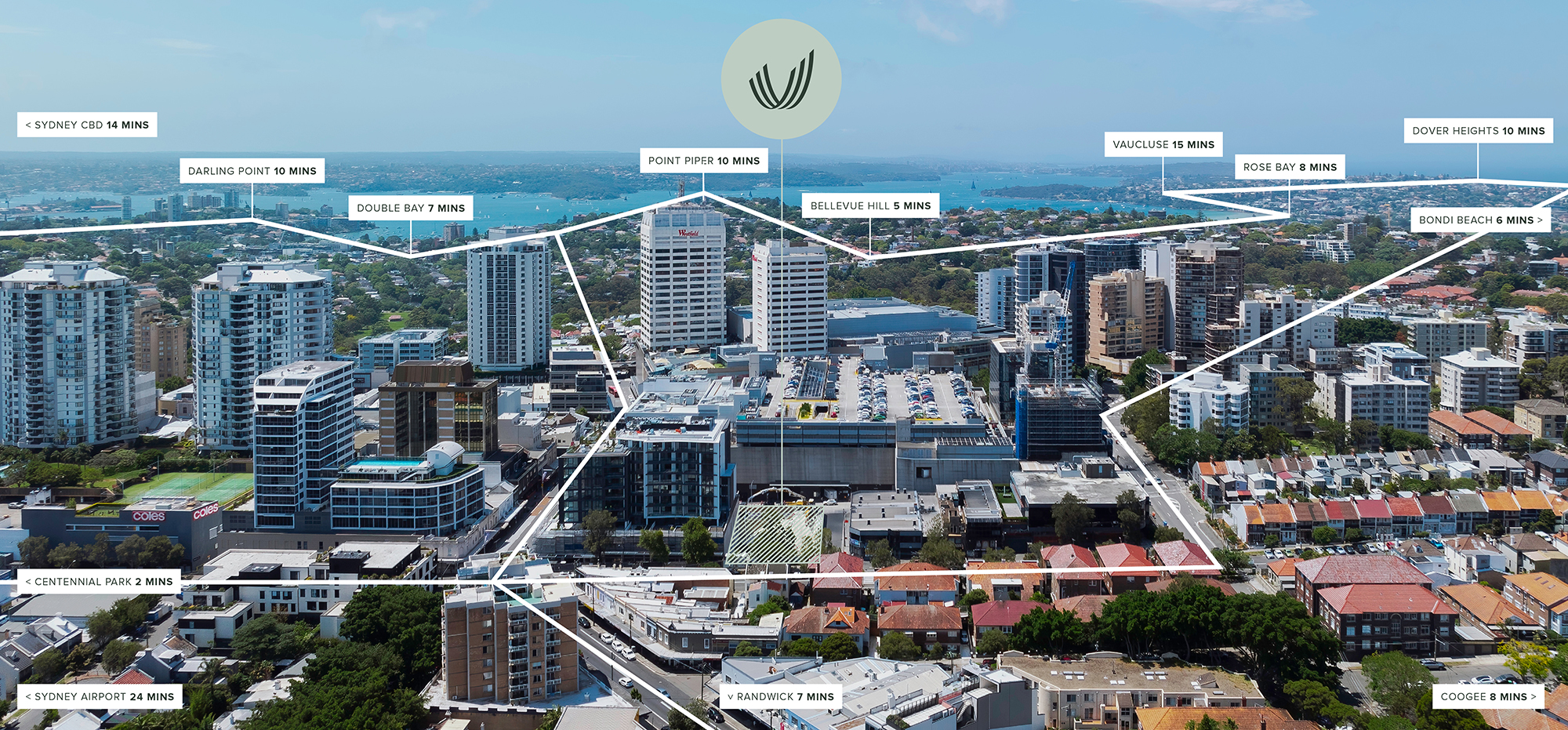 Aerial view of Bondi Junction with Verdical location at 88 Ebley Street, highlighting proximity to Sydney CBD, Bondi Beach, Randwick, and eastern suburbs.