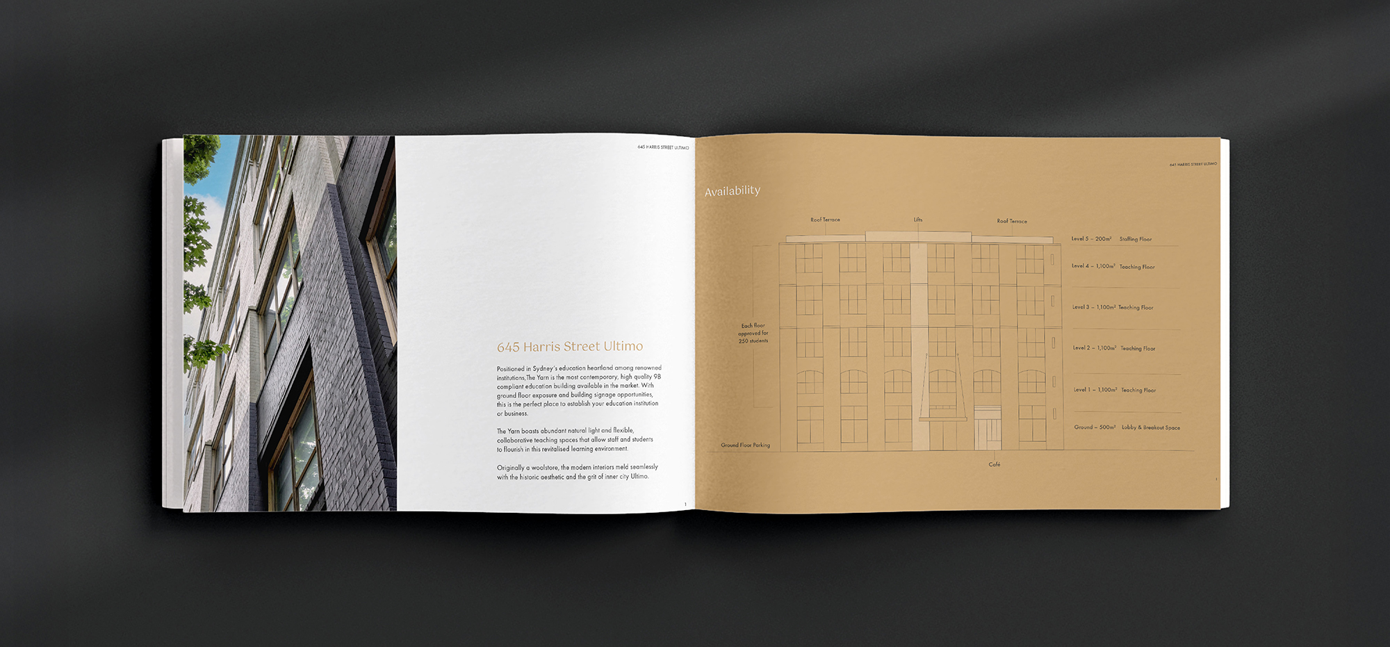 The Yarn property brochure highlighting 645 Harris Street Ultimo heritage façade, availability, and flexible teaching floors.