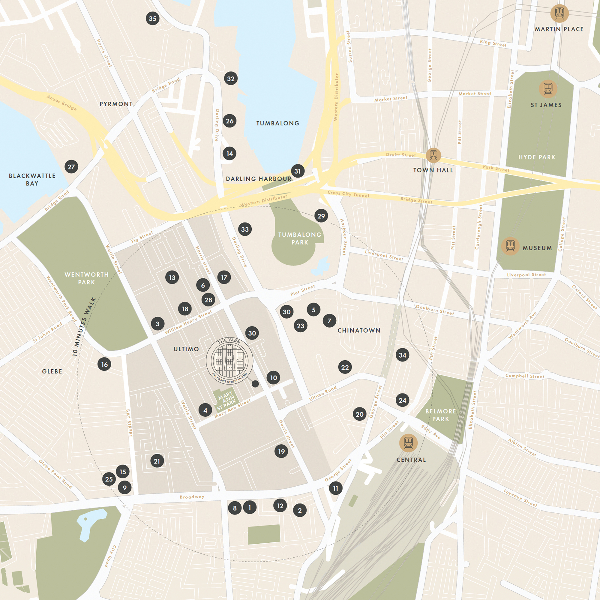 Map showing The Yarn at 645 Harris Street Ultimo Sydney and surrounding precincts including Chinatown, Darling Harbour, and Central Station.
