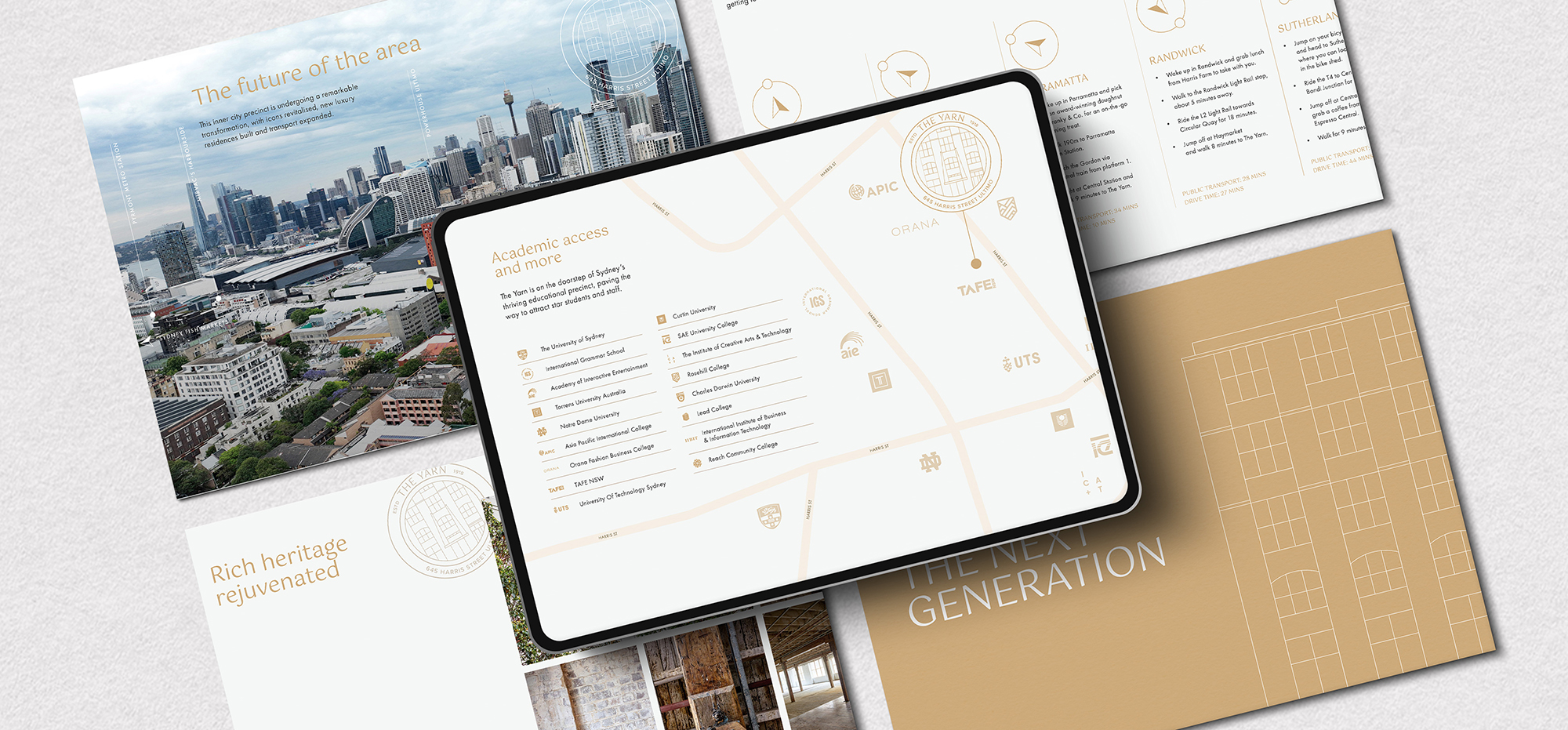 The Yarn Ultimo property marketing collateral featuring Sydney CBD views, academic access map, and local amenities.