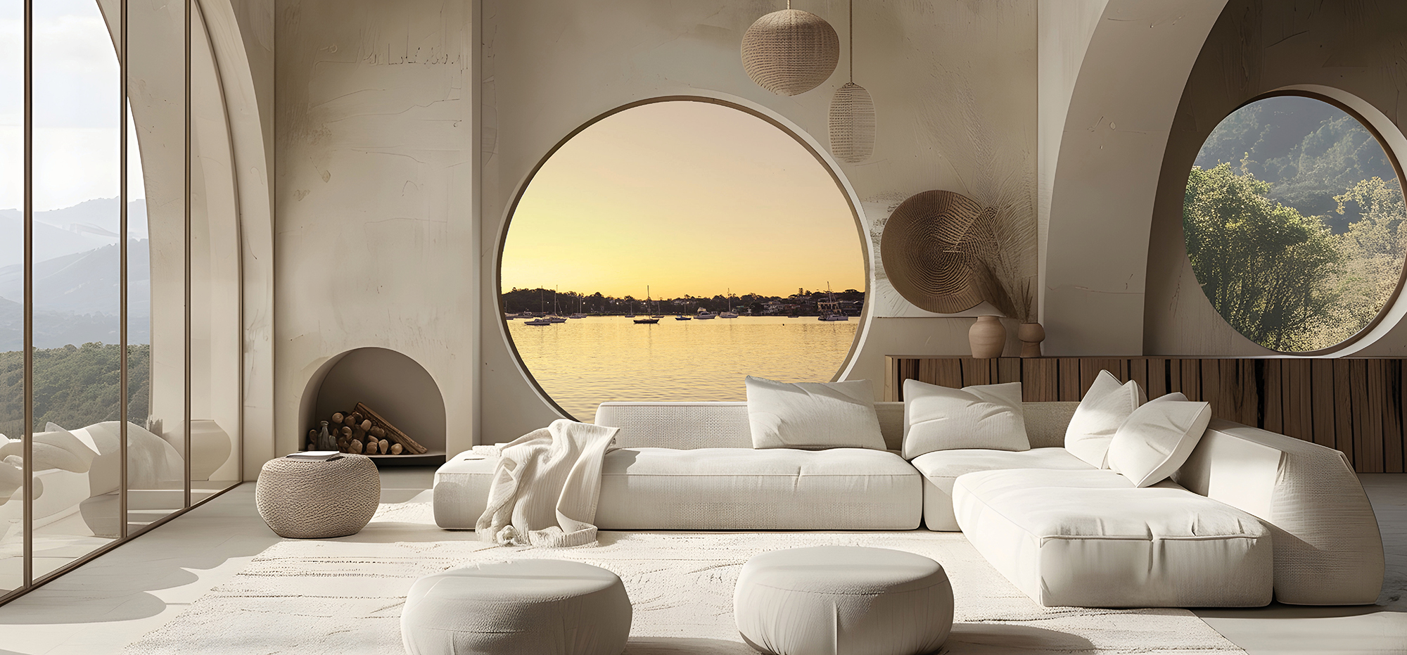 Modern coastal living room at The Vista Sans Souci with large circular window overlooking waterfront views, luxury property at 43–45 Vista Street.